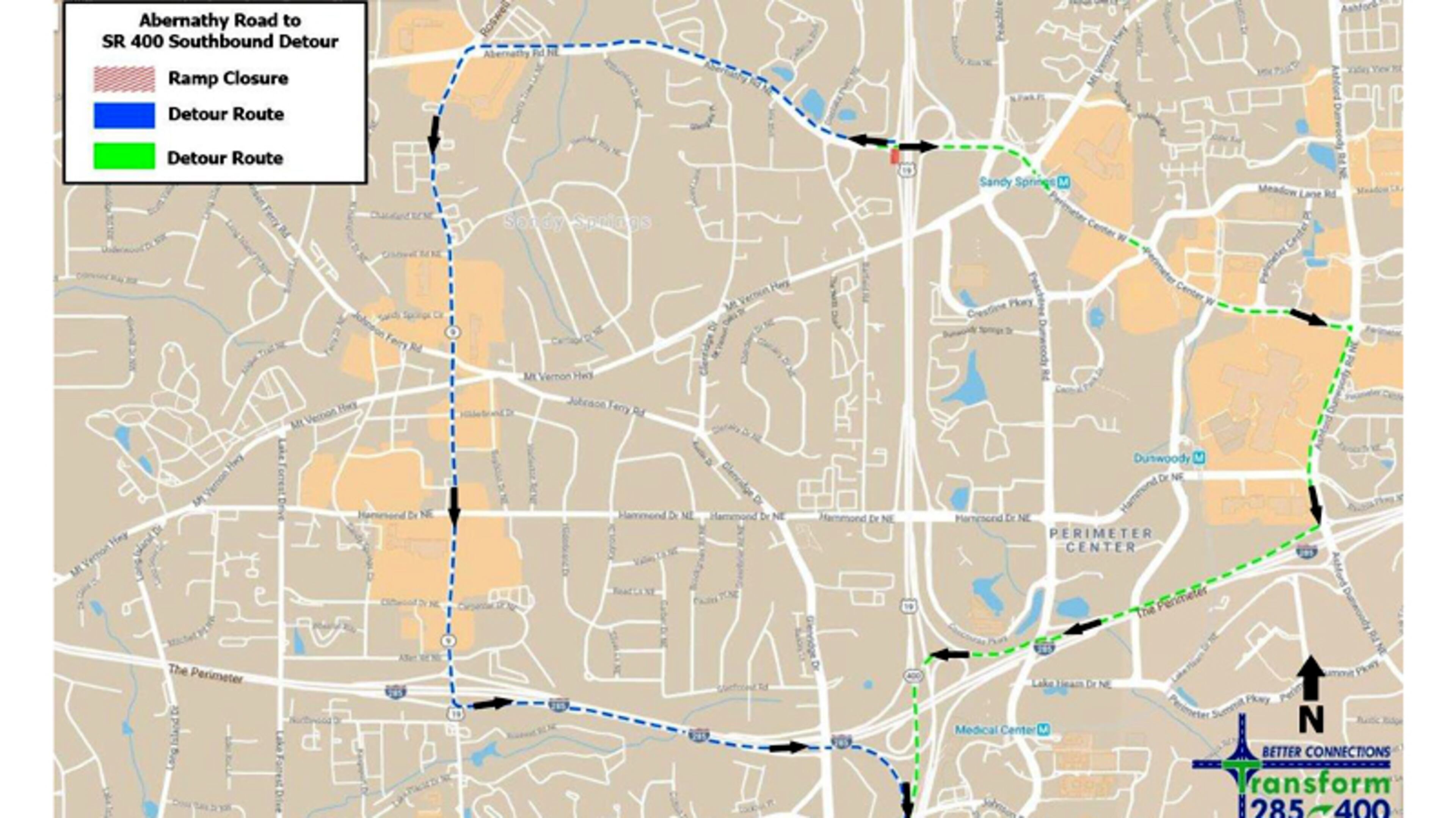 Map depicts the recommended detours when the ramp from Abernathy Road to southbound Ga. 400 is closed in the Perimeter area. GEORGIA DEPARTMENT OF TRANSPORTATION
