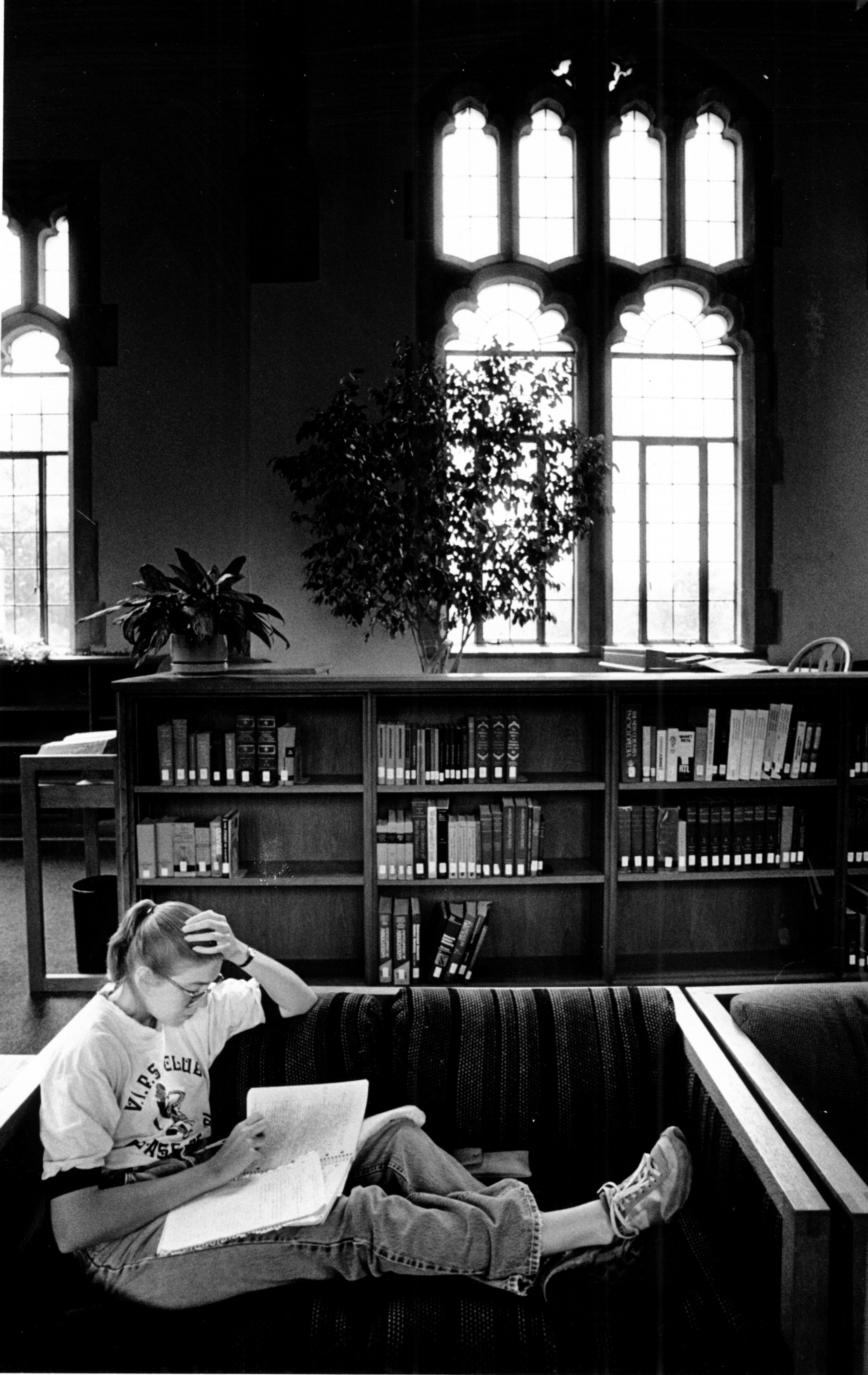 May 21, 1985 - Decatur, Ga.: With the school year coming to a close, Jennie Eason, a senior English major at Agnes Scott College, works on a term paper Tuesday at the McCain Library.