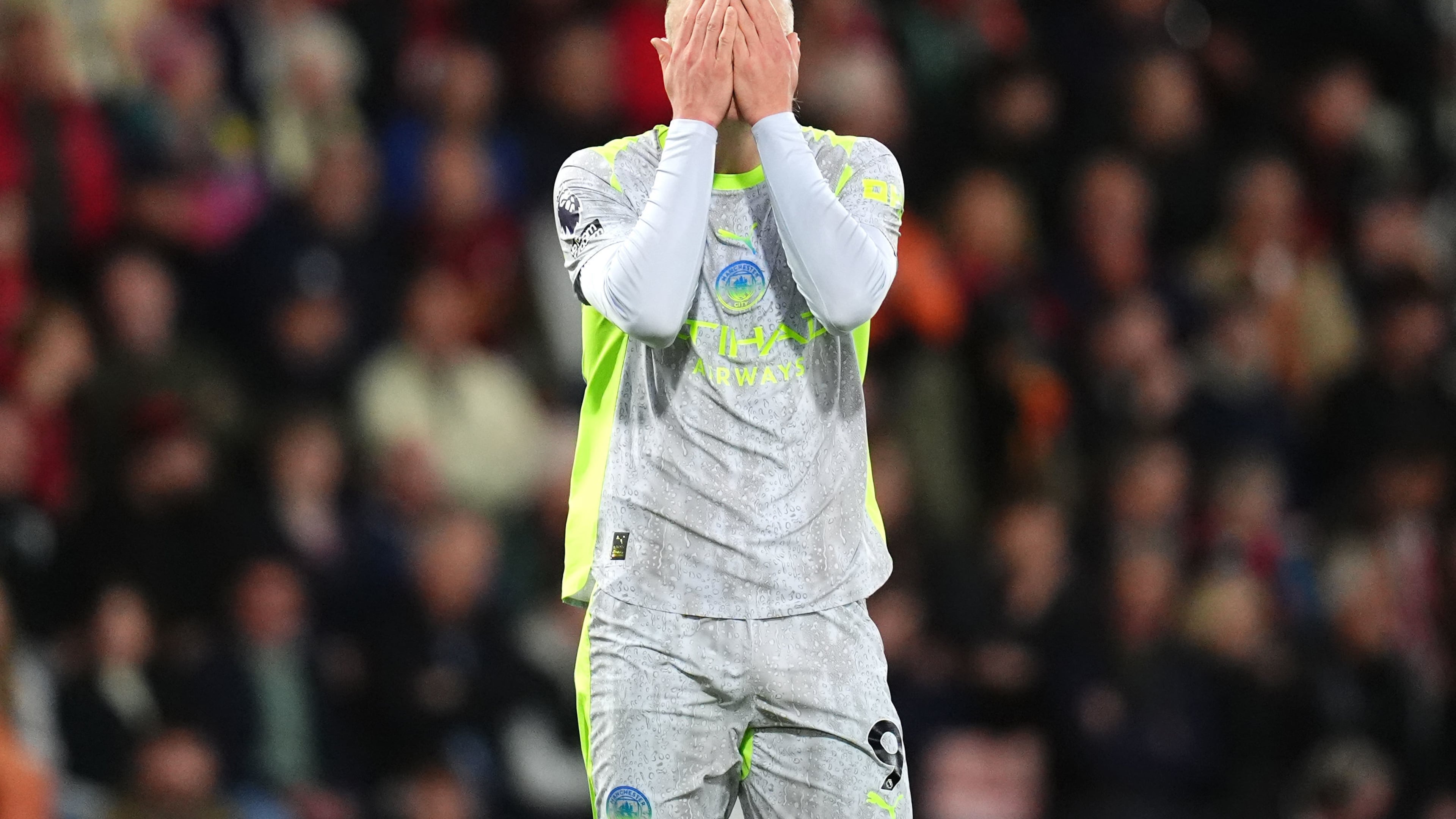 Manchester City's Erling Haaland reacts after missed change during the English Premier League soccer match between AFC Bournemouth and Manchester City in Bournemouth, England, Tuesday, May 19, 2026. (John Walton/PA via AP)