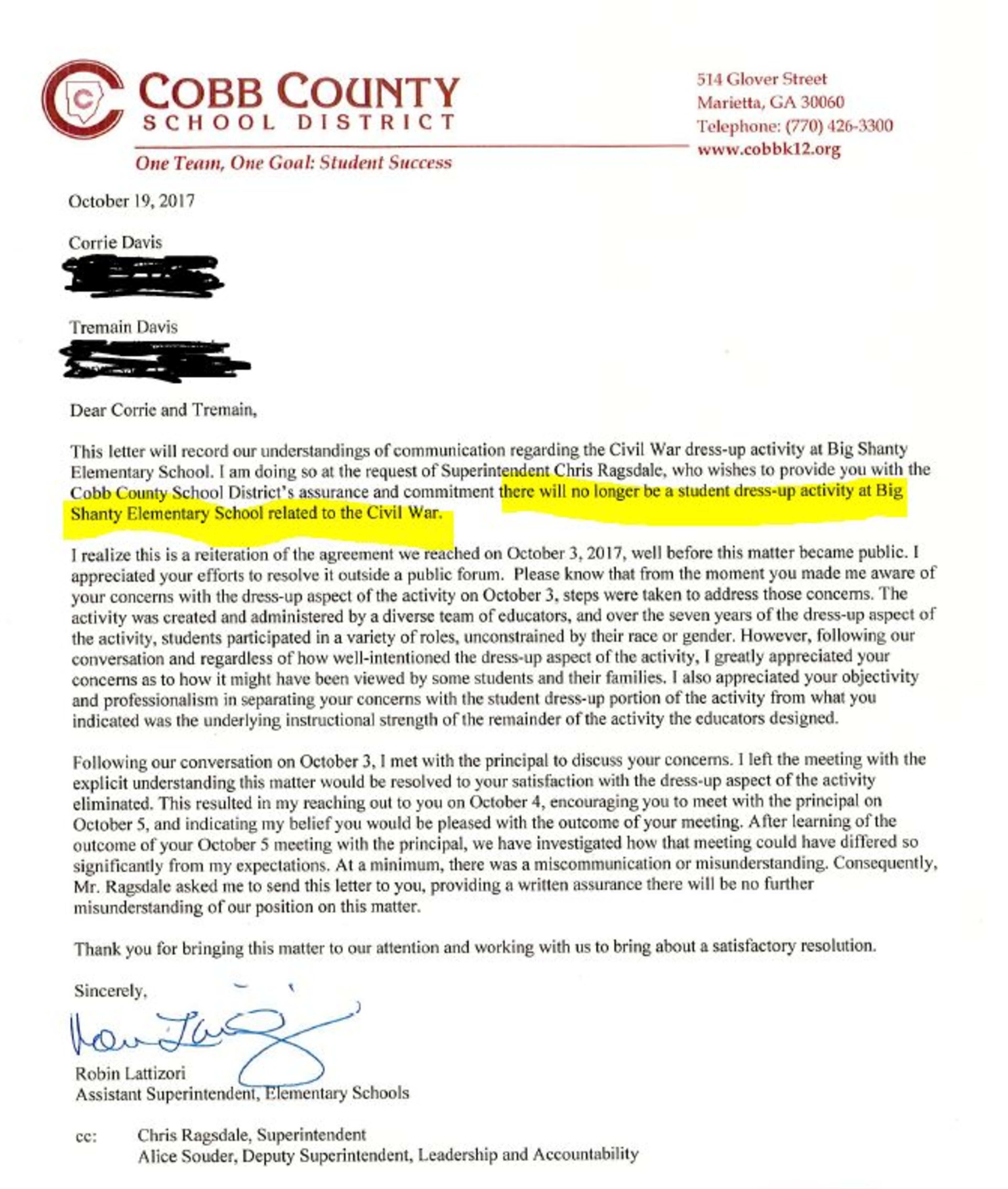 A copy of the letter sent to Corrie Davis regarding a Civil War dress up activity at Big Shanty Elementary School in Cobb County.