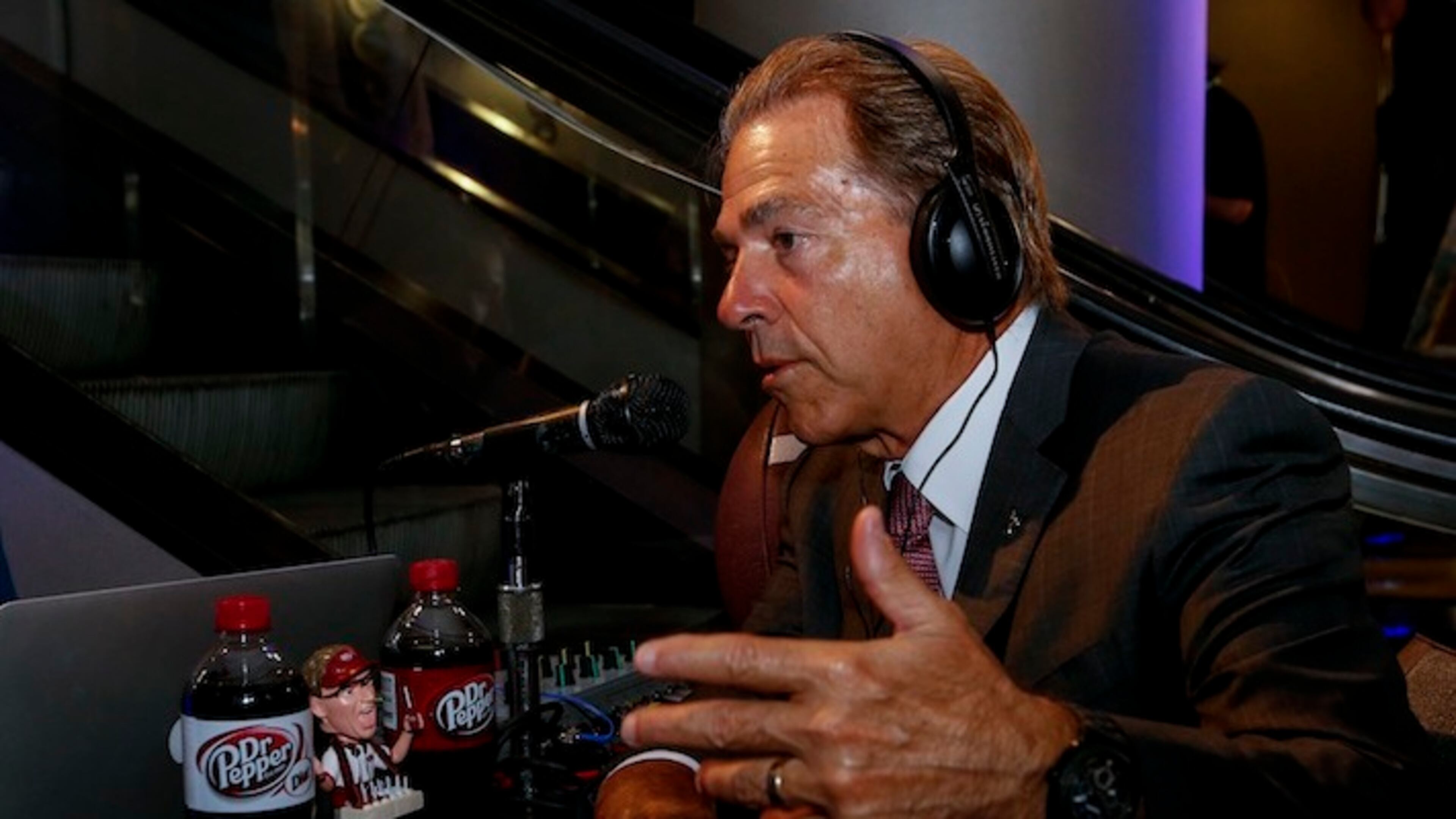 Alabama NCAA college coach Nick Saban speaks with a radio show during the Southeastern Conferenceâs annual media gathering, Wednesday, July 12, 2017, in Hoover, Ala. (AP Photo/Butch Dill)