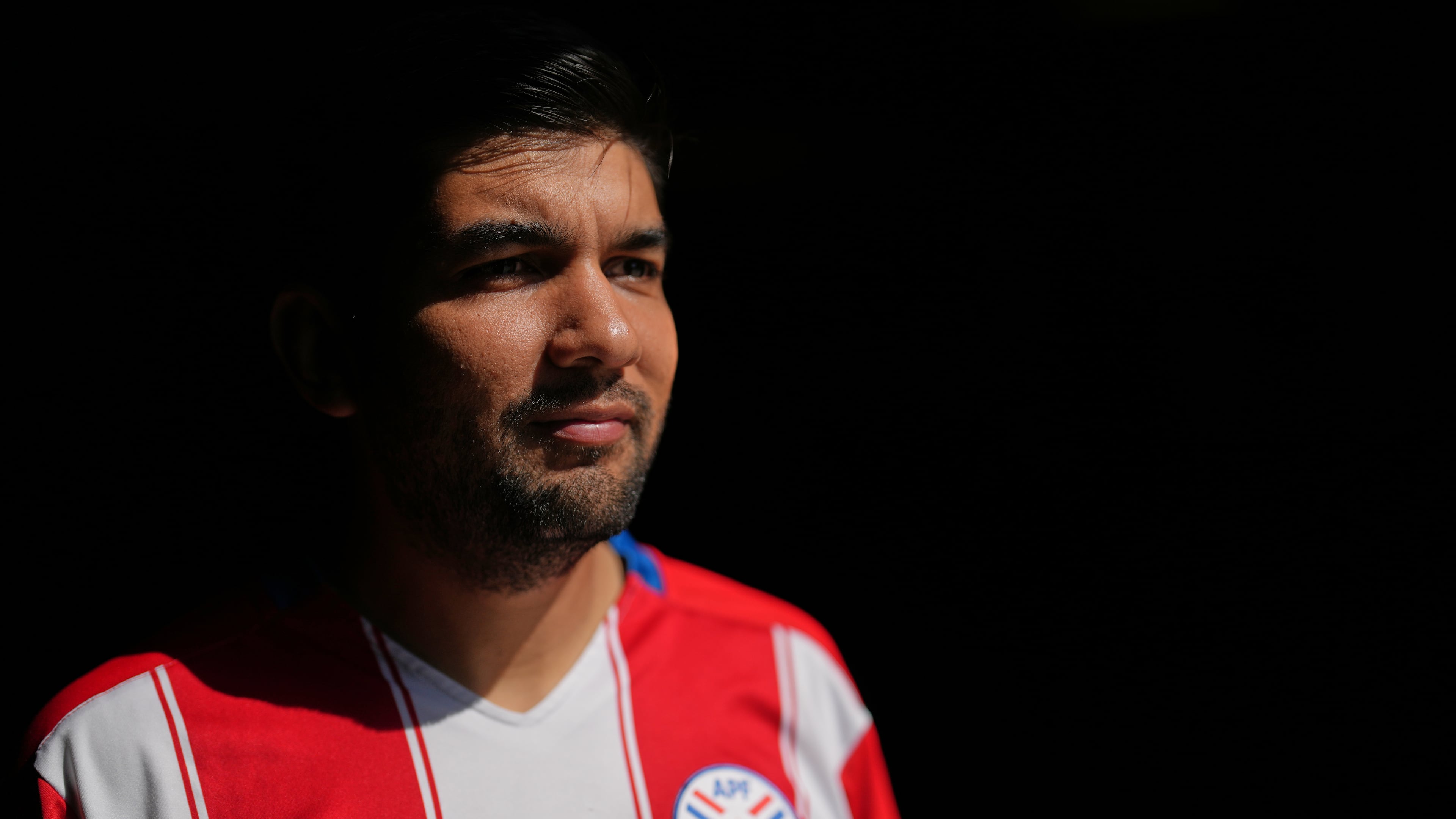 Rodrigo Valdez wears a team Paraguay soccer jersey as he poses for a picture Friday, June 5, 2026, in San Diego. (AP Photo/Gregory Bull)