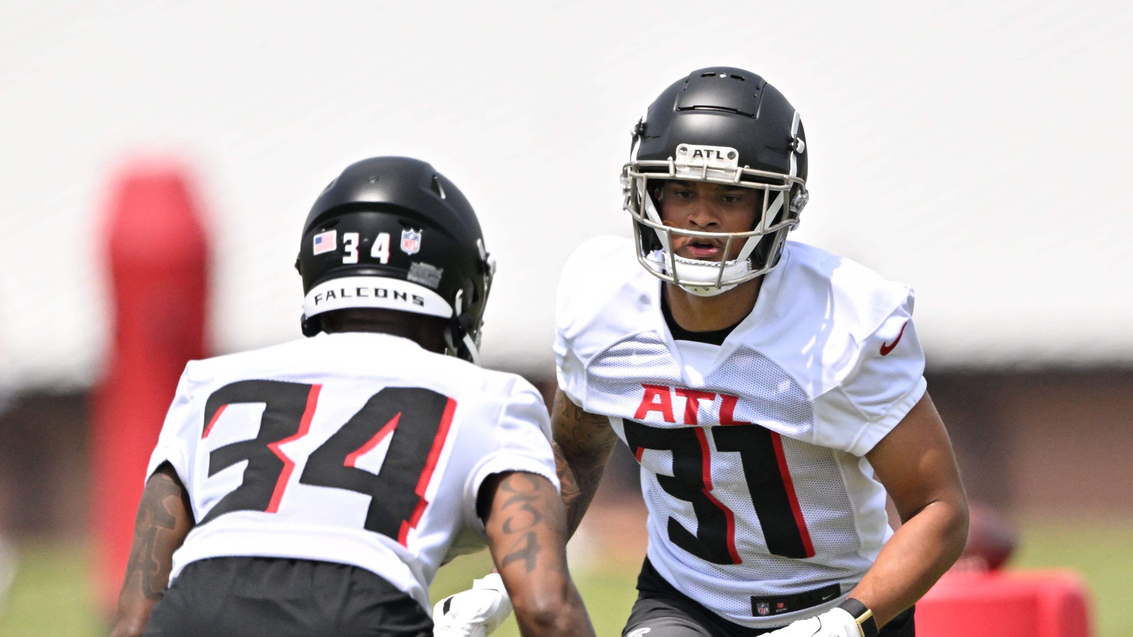 Atlanta Falcons safety Xavier Watts runs a drill during the Atlanta Falcons rookie minicamp at the Atlanta Falcons Training Camp, Friday, May 9, 2025, in Flowery Branch. (Hyosub Shin/AJC)