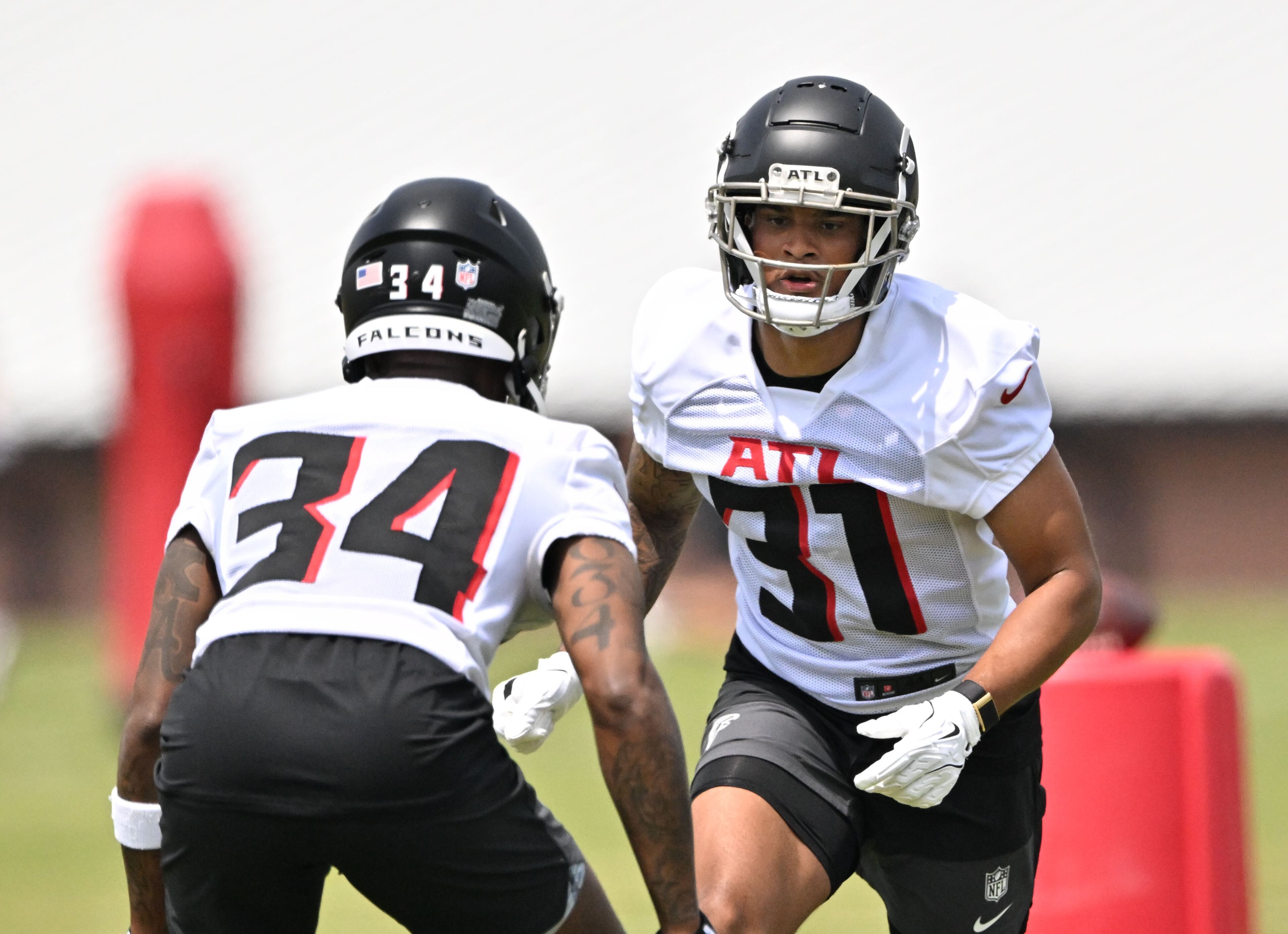 Atlanta Falcons safety Xavier Watts (31) runs drill during the Atlanta Falcons Rookie Minicamp at the Atlanta Falcons Training Camp, Friday, May 9, 2025, in Flowery Branch. (Hyosub Shin / AJC)