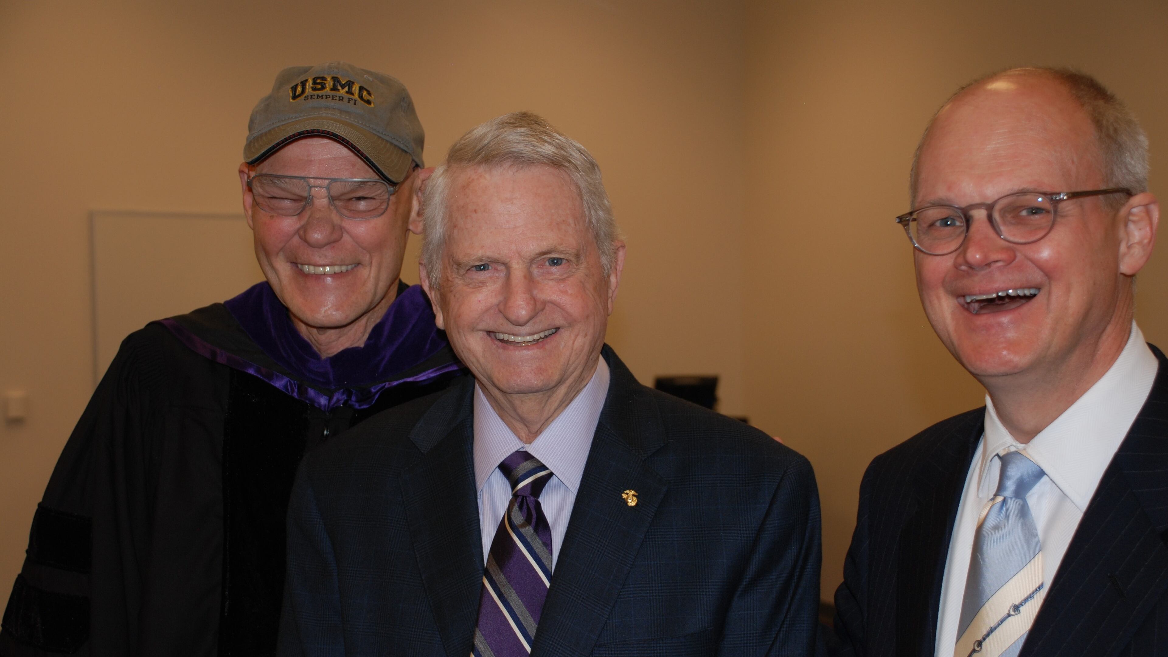 James Carvile (left), Zell Miller and Keith Mason at Young Harris College in 2015, where Carville addressed that year's graduates. Photo courtesy of Keith Mason