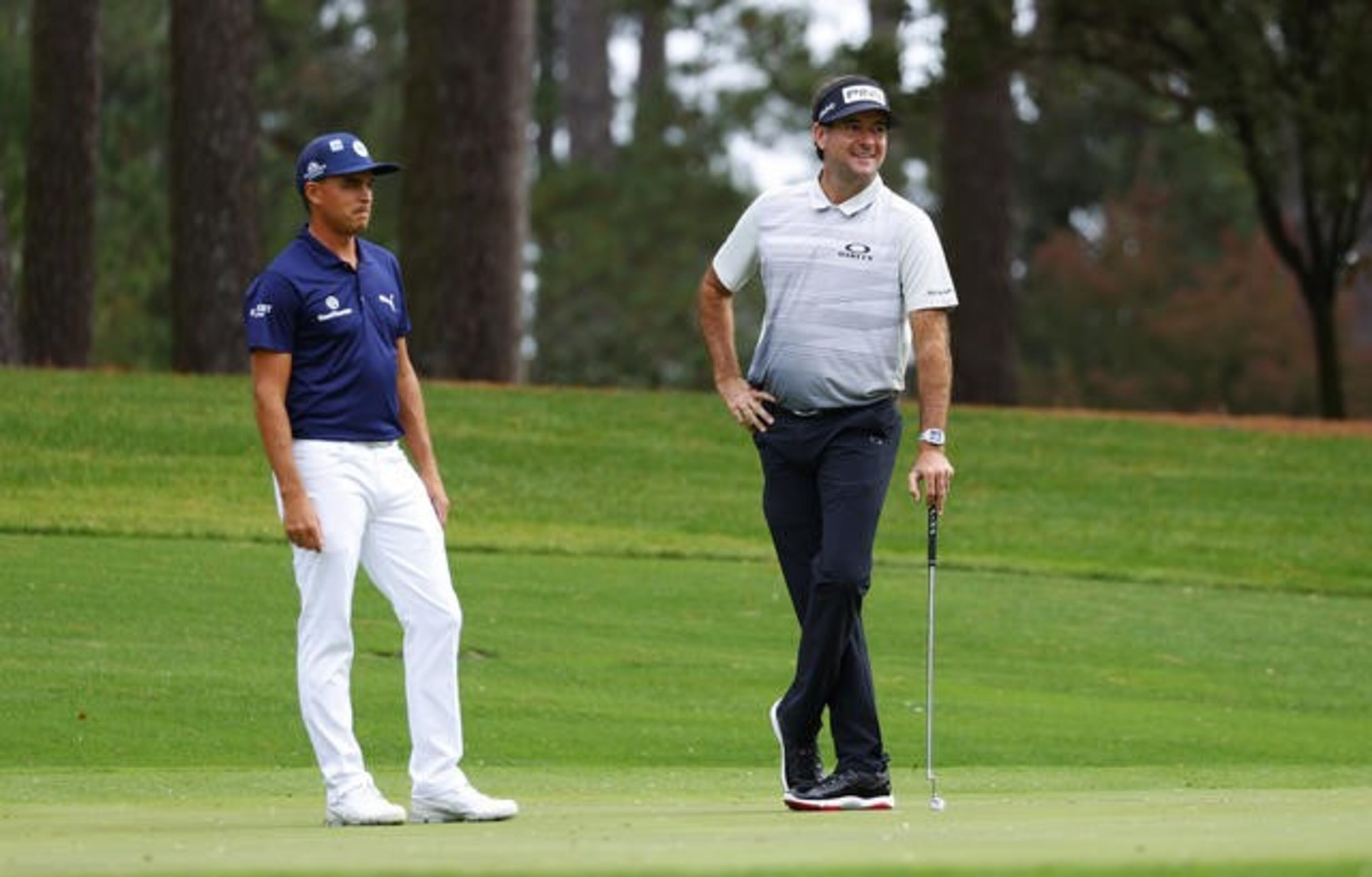 Rickie Fowler and former Masters champion Bubba Watson on the No. 3 hole during the practice round for the Masters at Augusta National Golf Club Sunday, Nov. 8, 2020, in Augusta, Ga..