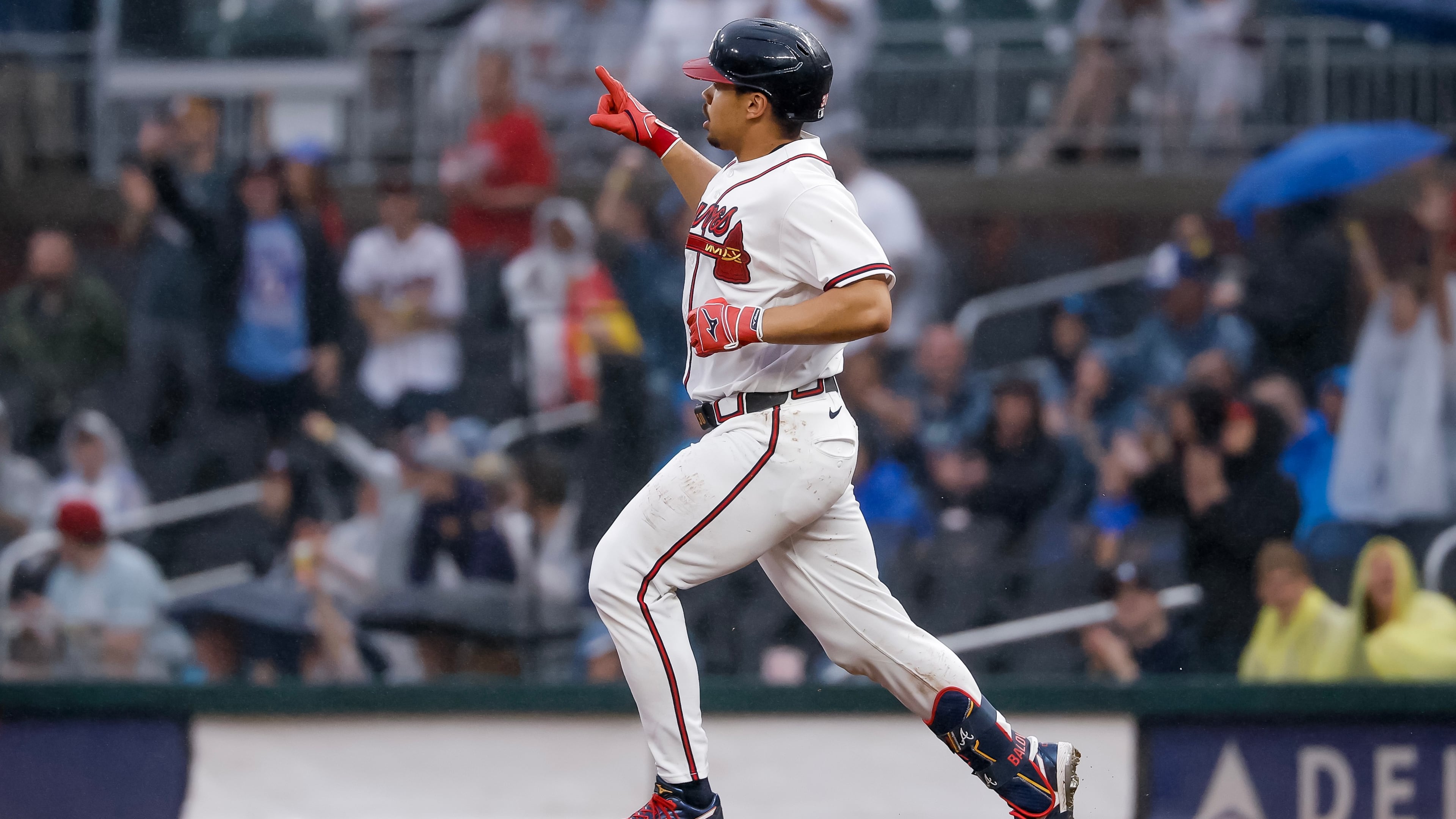 Atlanta Braves' Drake Baldwin reacts while running the bases after hitting a solo home run against the San Francisco Giants during the first inning of a baseball game, Tuesday, June 16, 2026, in Atlanta. (Erik S. Lesser/AP)