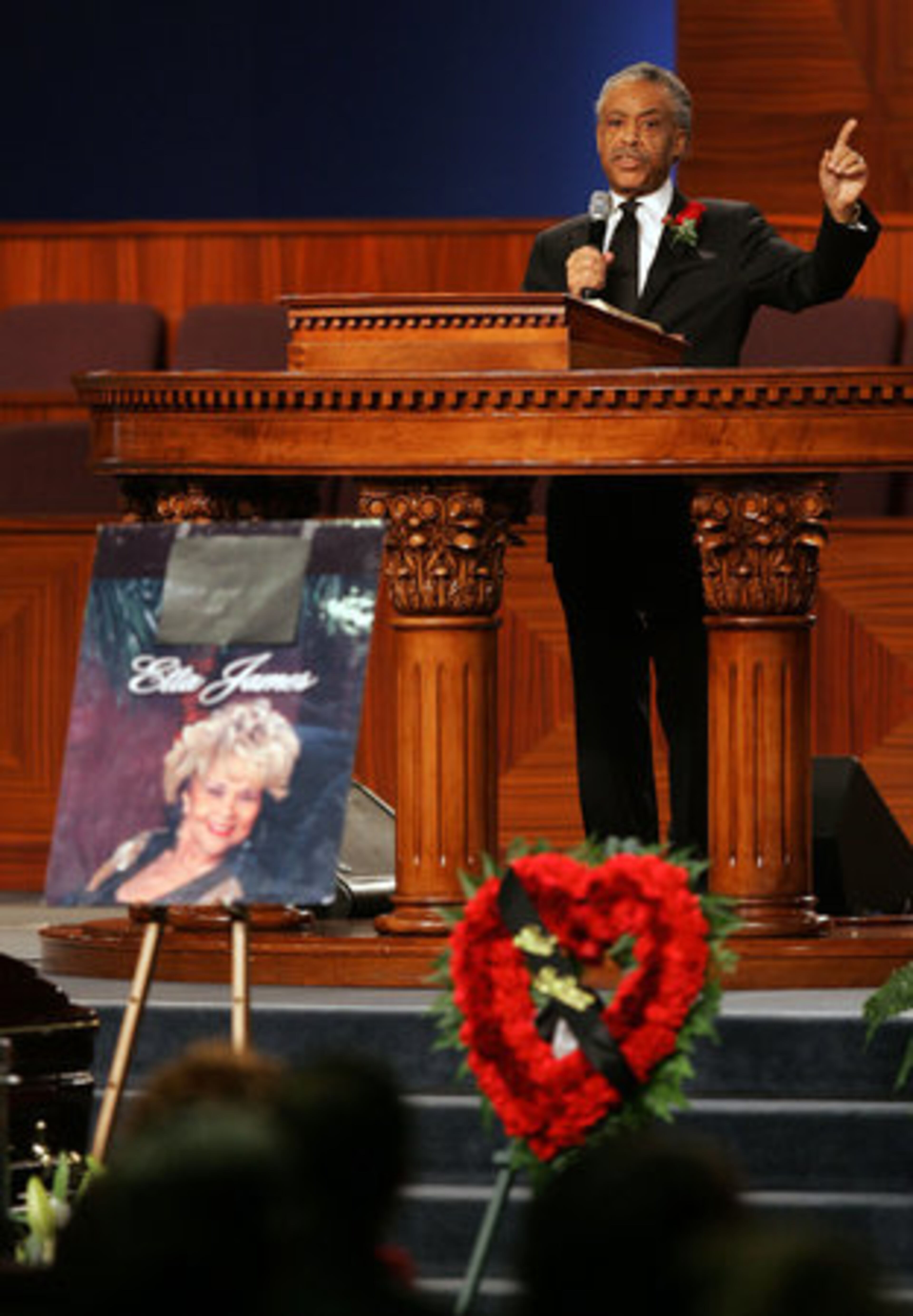 Al Sharpton speaks at the funeral of singer Etta James.
