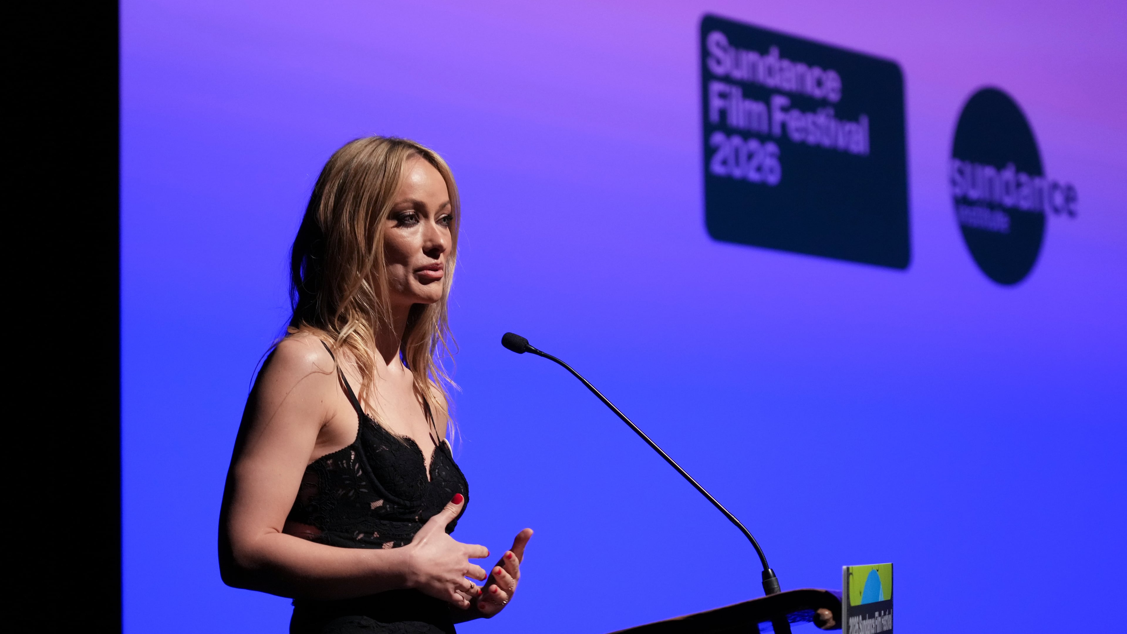 Director Olivia Wilde speaks during the premiere of "The Invite" during the Sundance Film Festival on Saturday, Jan. 24, 2026, at Eccles Center in Park City, Utah. (AP Photo/Chris Pizzello)