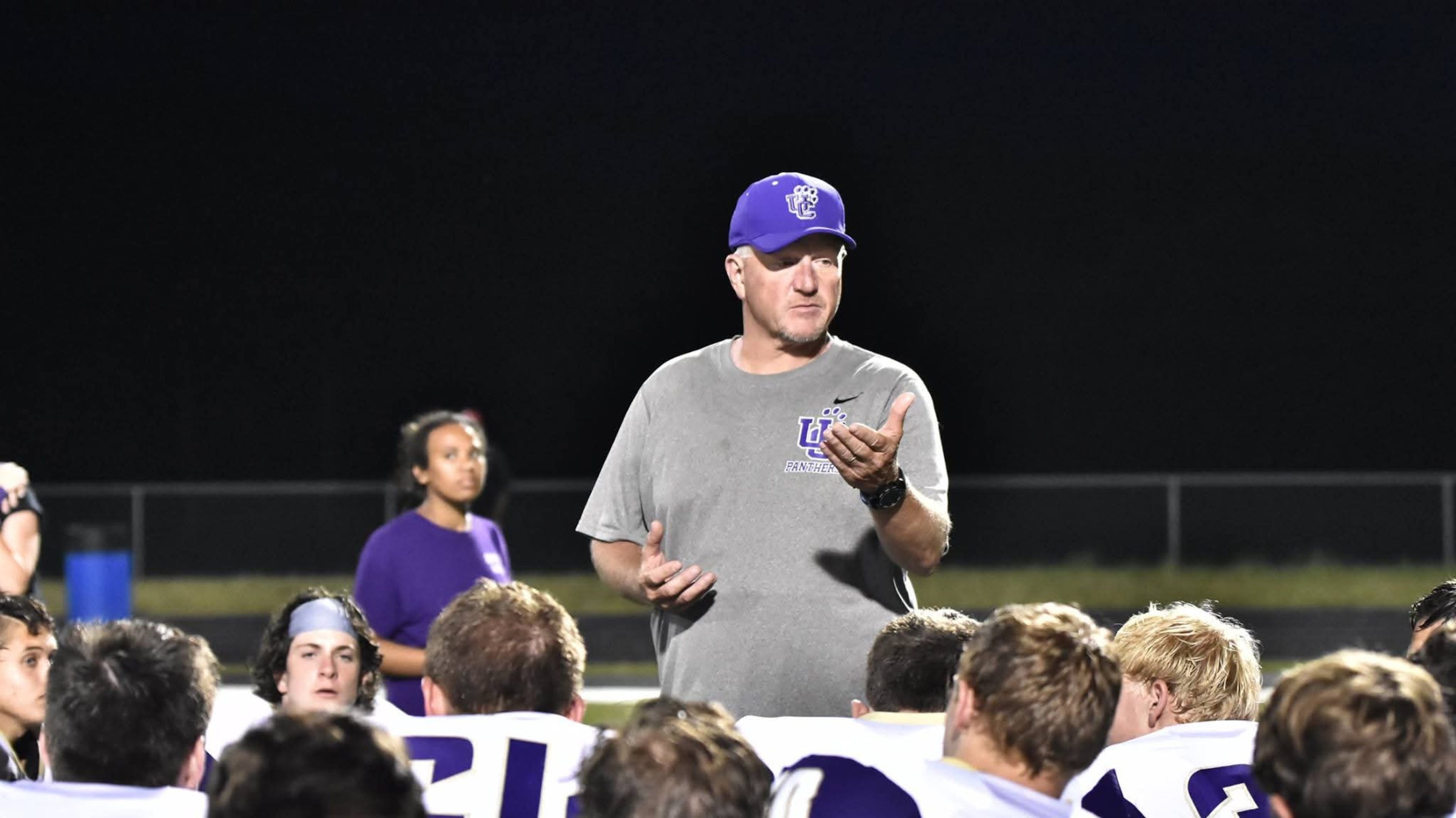 Former Union County coach Brian Allison talks with his team after a spring game at Chestatee.