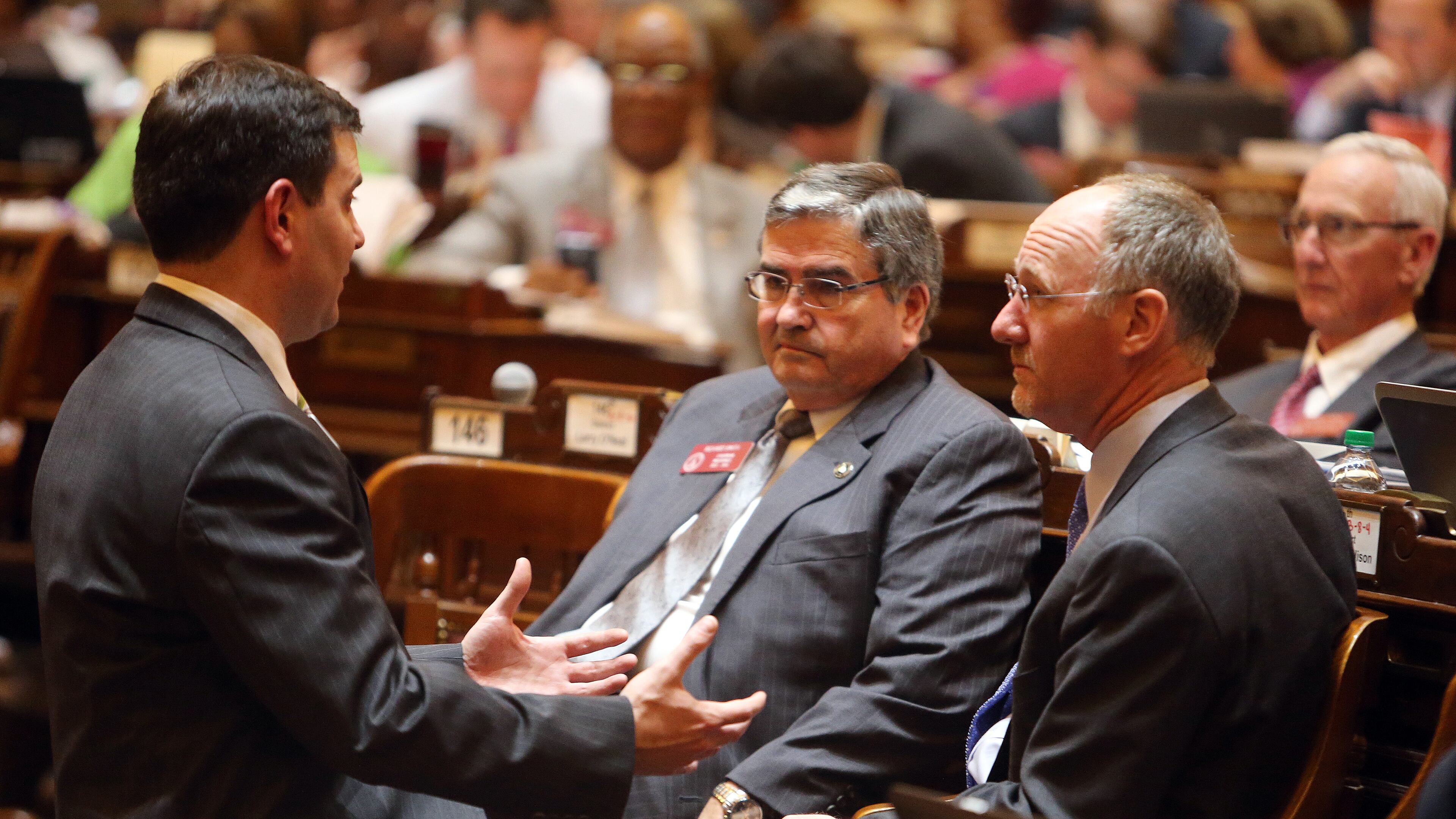Rep. Richard Smith, R-Columbus, chairman of the House Insurance Committee, shown here center, in 2014. Smith’s measure on “surprise billing,” HB 71, was tabled by the House Friday, March 3, 2017, but that leaves room for a Senate bill on the issue to advance. Backers suspect it to see action in the committee led by Smith. Photo by BEN GRAY / AJC.