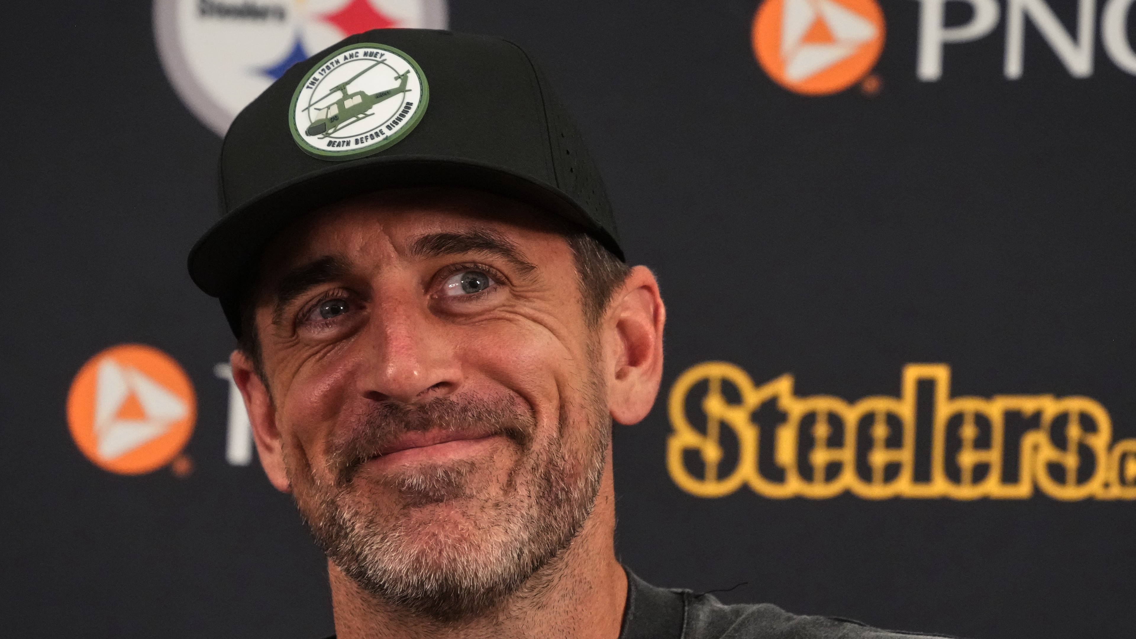 Pittsburgh Steelers quarterback Aaron Rodgers meets with reporters at the NFL football team's camp in Latrobe, Pa., Tuesday, July 28, 2026. (AP Photo/Gene J. Puskar)