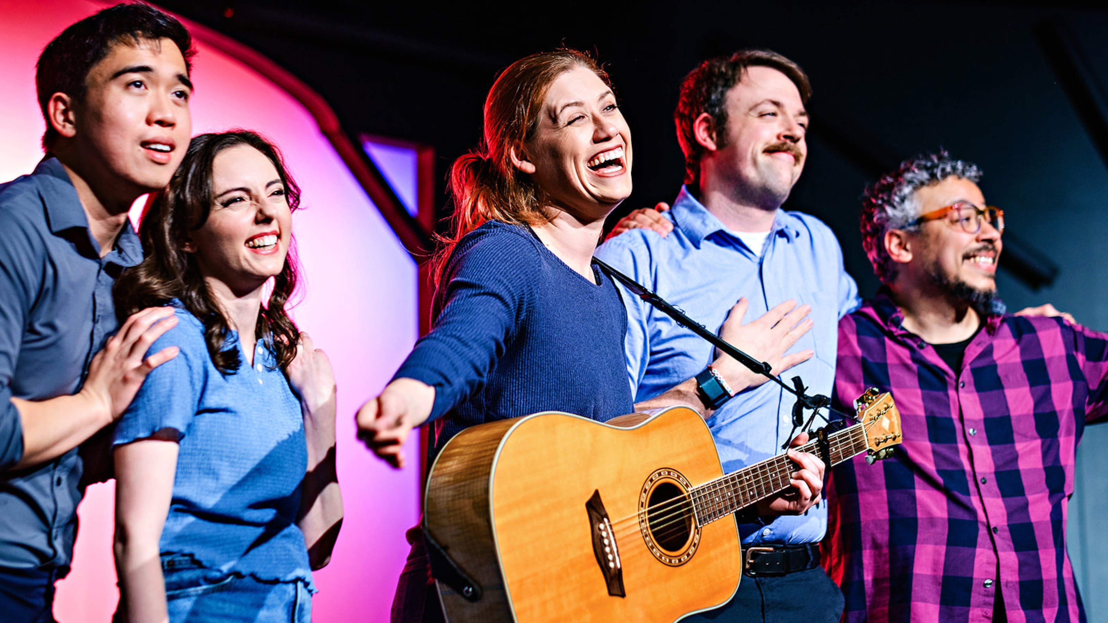 Phong Le (from left(, Gabriella Gordon, Meg Ansteensen, Nate Brosy and Maged Roushdi give “To Peach Their Own” at Dad's Garage the feeling of 1960s prime-time comedy.