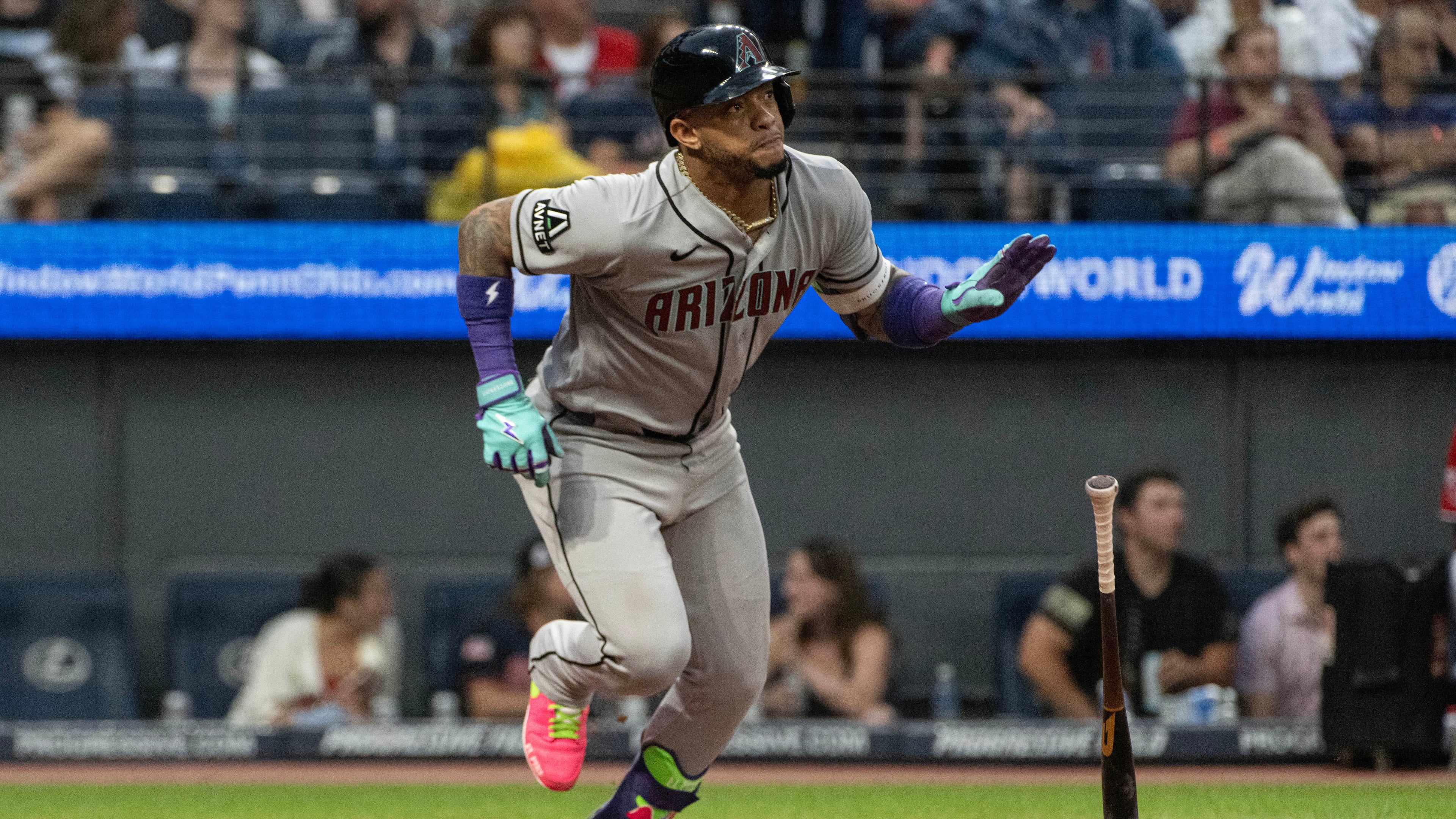 Arizona Diamondbacks' Ketel Marte watches his double off Cleveland Guardians starting pitcher Parker Messick during the fourth inning of a baseball game, Saturday, Aug. 1, 2026, in Cleveland. (AP Photo/Phil Long)