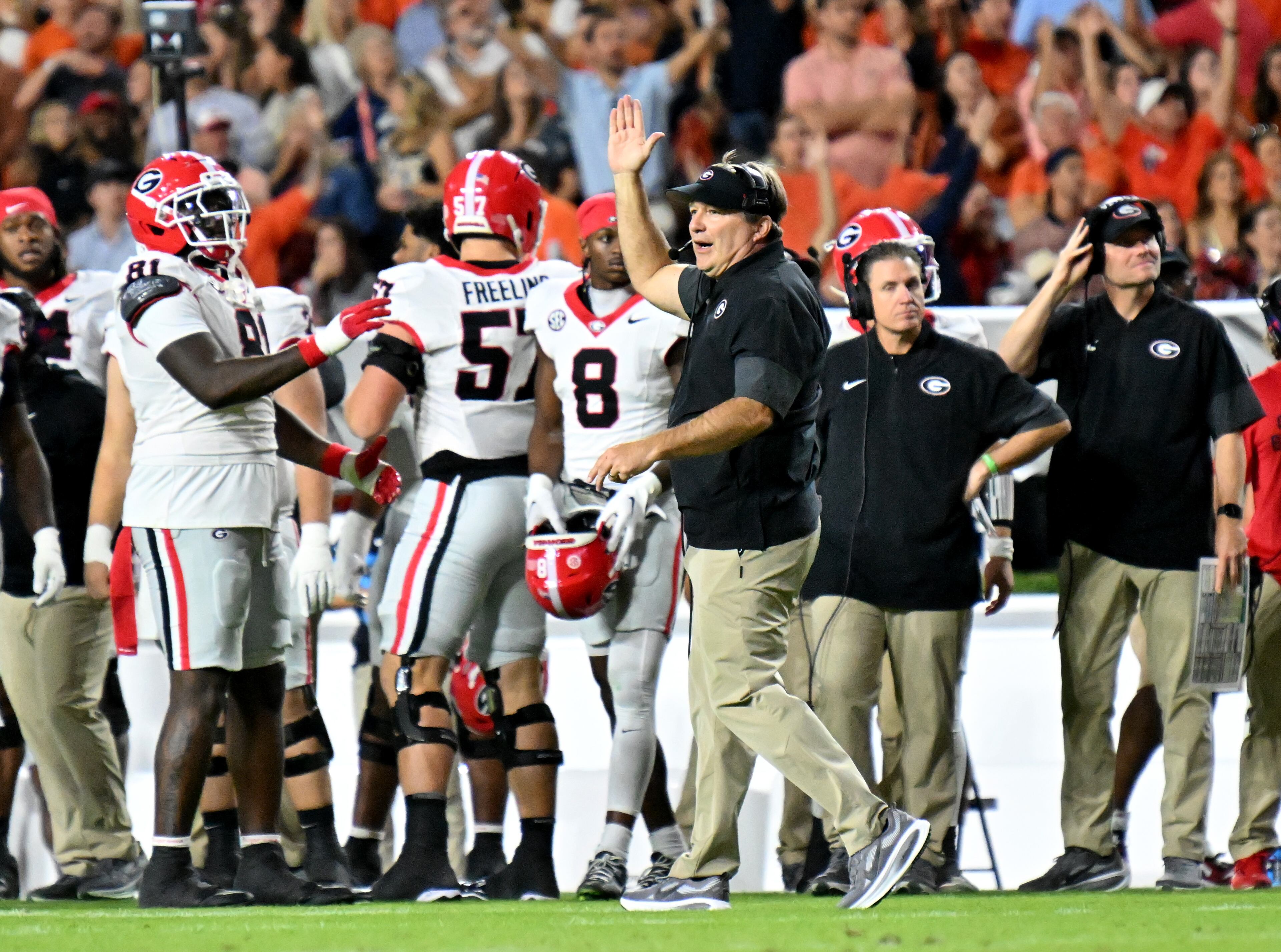 Georgia head coach Kirby Smart reacts while the touchdown play is under review during the first half in a NCAA college football game at Jordan-Hare Stadium, Saturday, October 11, 2025, in Auburn, Ala. The play was under review. It was not a touchdown. (Hyosub Shin / AJC)