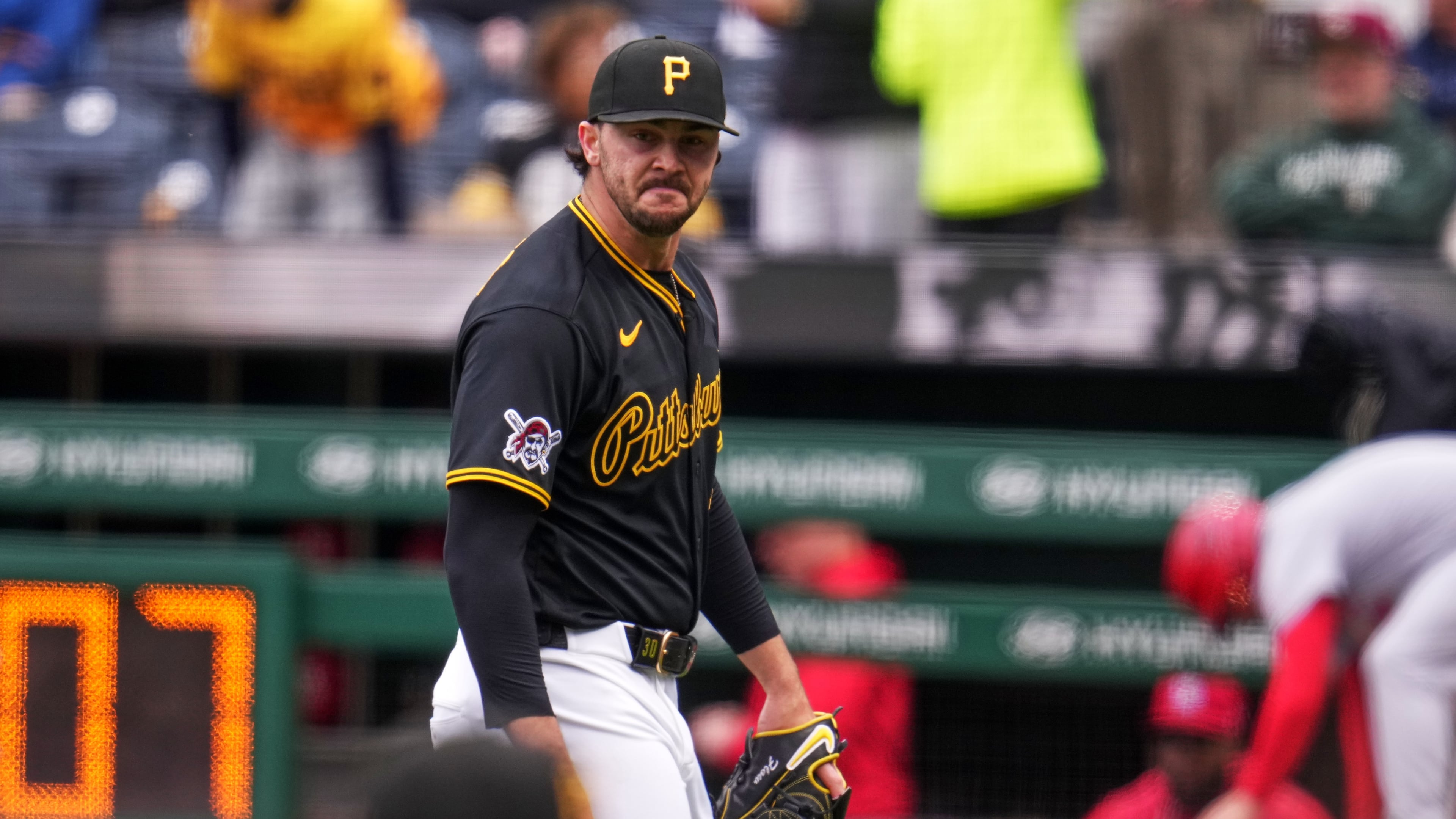 Pittsburgh Pirates pitcher Paul Skenes walks to the dugout after pitching the top of the first inning of a baseball game against the St. Louis Cardinals in Pittsburgh, Thursday, April 30, 2026. (AP Photo/Gene J. Puskar)