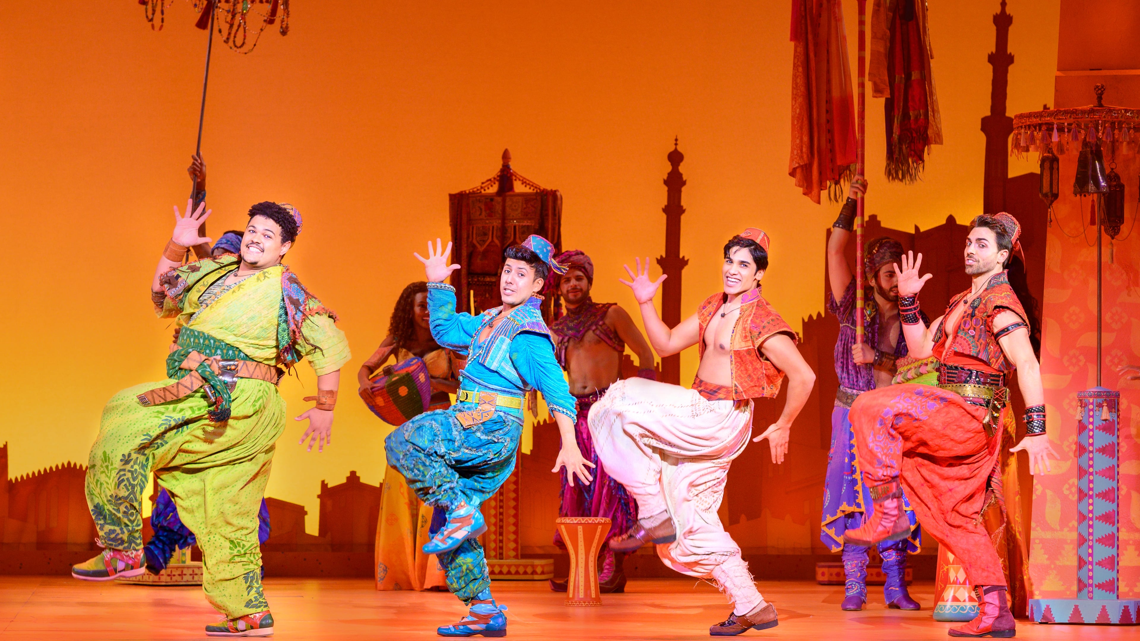 Colt Prattes (far right) with (from far left) Jake Letts, Ben Chavez and Adi Roy in the stage version of Disney’s “Aladdin,” at the Fox Theatre Jan. 9-14. Photo by Deen van Meeren/Disney