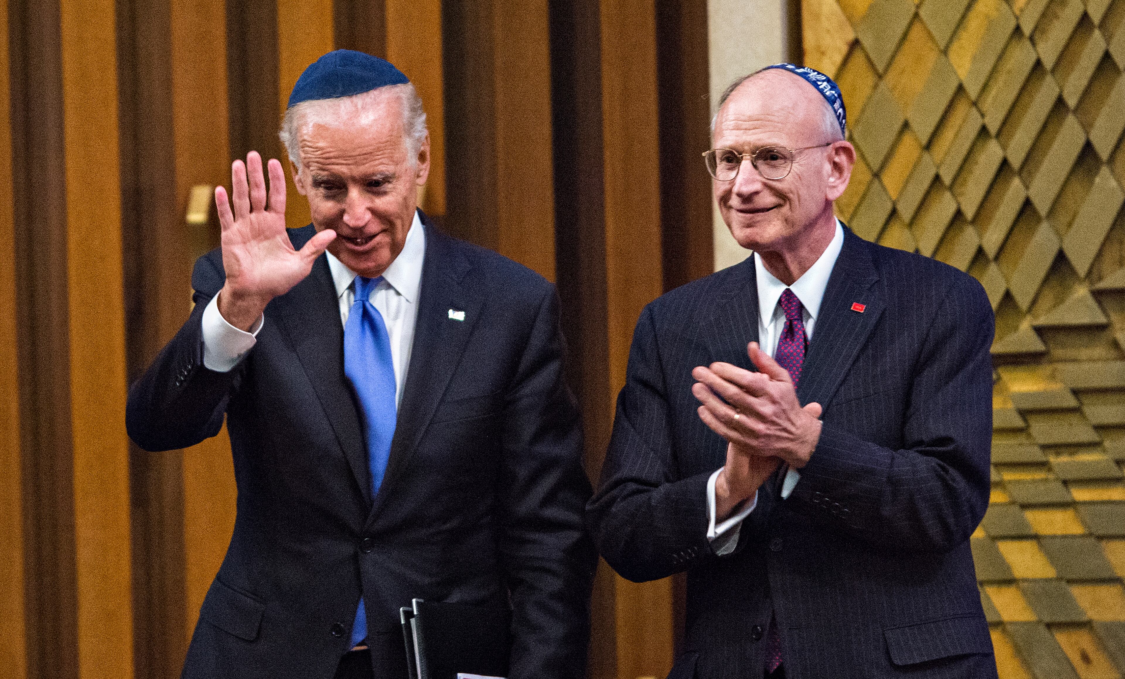 Vice President of the United States Joe Biden (left) waves to the crowd as he stands next to Stuart Eizenstat during the 2015 Fran Eizenstat and Eizenstat Family Annual Lecture at the Ahavath Achim Synagogue in Atlanta on Thursday, September 3, 2015. JONATHAN PHILLIPS / SPECIAL