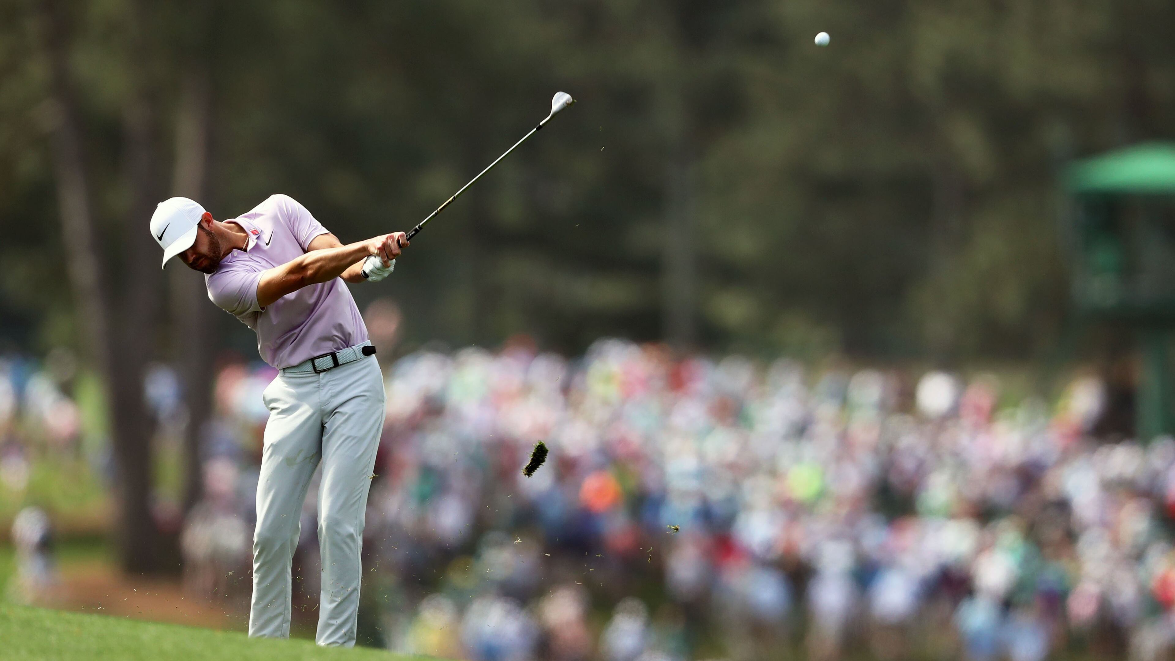 Kevin Tway hits from the fairway on eight during the first round of the Masters Tournament Thursday, April 11, 2019, at Augusta National Golf Club in Augusta.