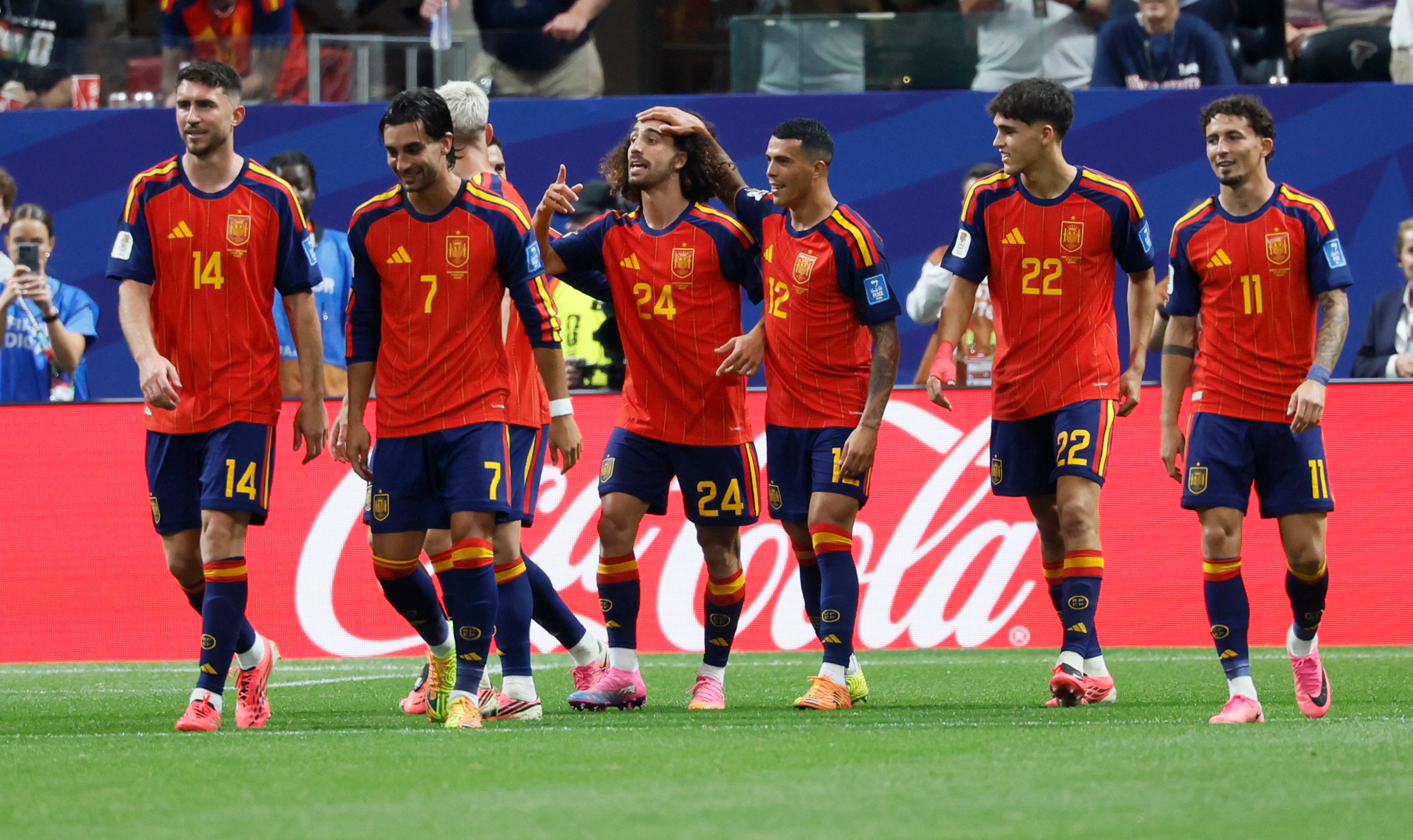 Spain teammates congratulate Marc Cucurella (third from left) after his shot hit off Saudi Arabia goalkeeper Mohammed Al-Owais for a goal during the second half of the Spain vs. Saudi Arabia World Cup match Sunday, June 21, 2026, at Atlanta Stadium. (Miguel Martinez/AJC)