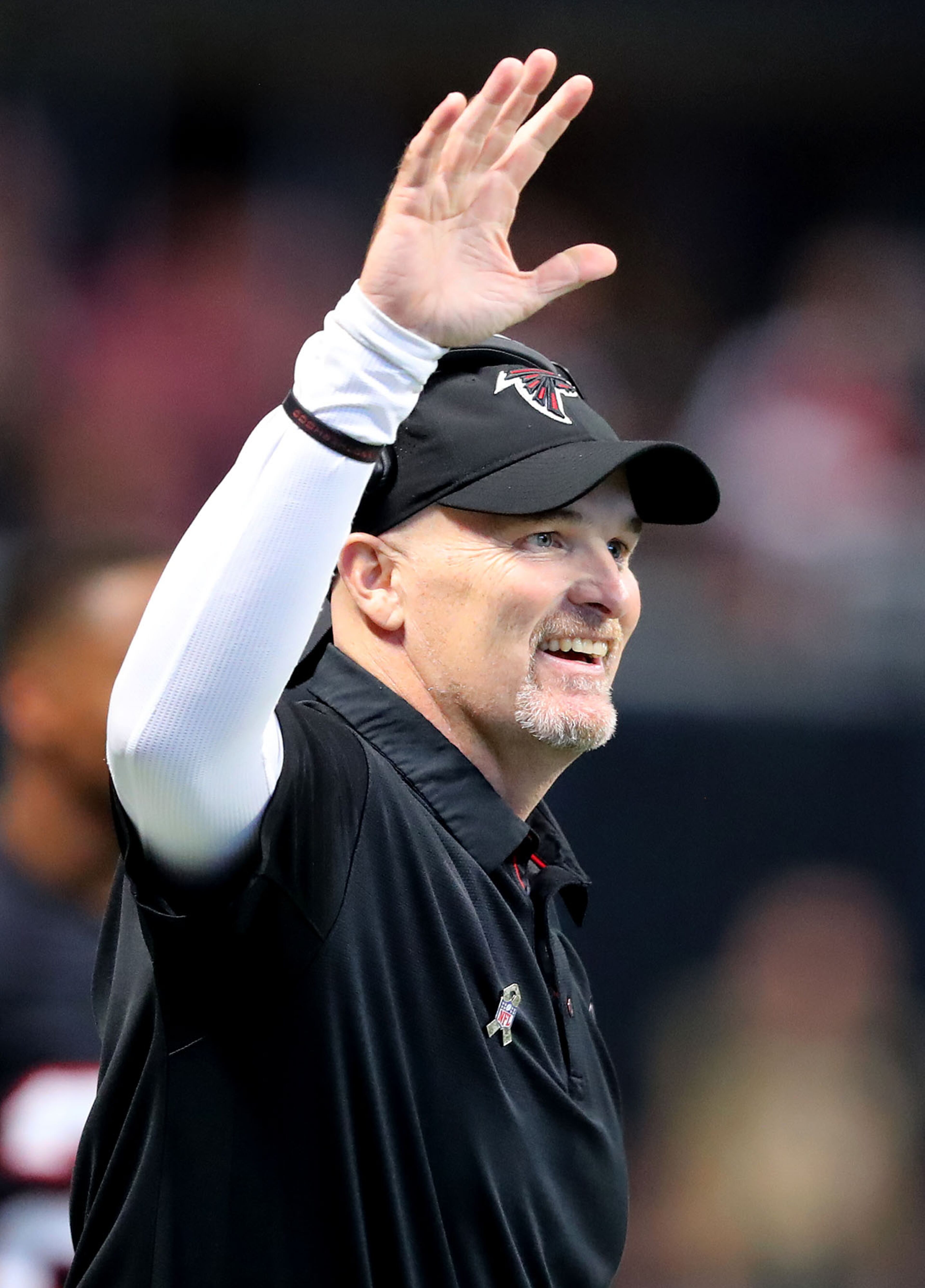 November 26, 2017 Atlanta: Falcons head coach Dan Quinn is all smiles reacting on the sidelines as his defense stops the Buccaneers on a fourth down attempt during the second half in a NFL football game on Sunday, November 26, 2017, in Atlanta. The Falcons beat the Buccaneers 34-20. Curtis Compton/ccompton@ajc.com