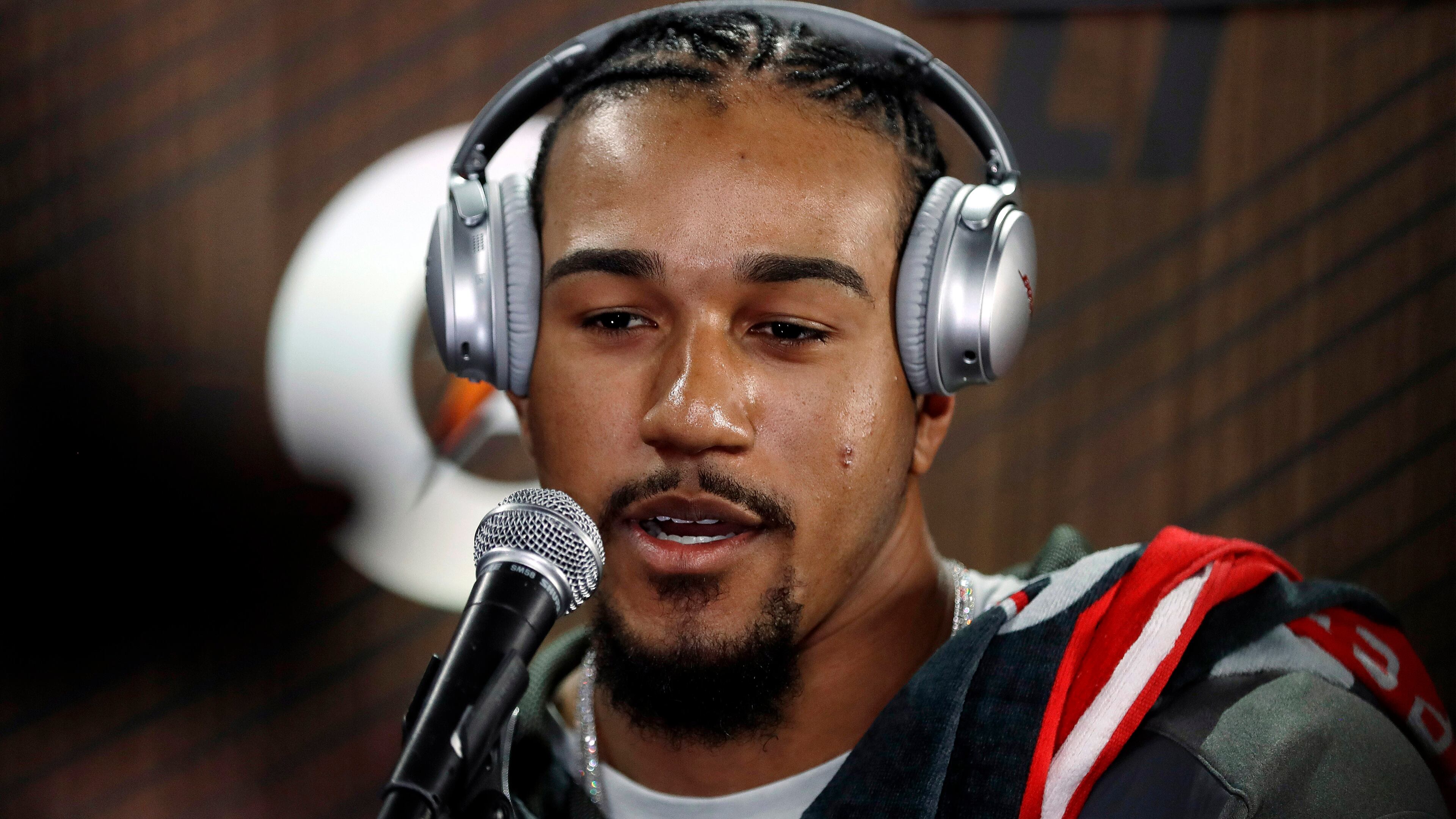 Atlanta Falcons' Vic Beasley speaks during opening night for the NFL Super Bowl 51 football game at Minute Maid Park Monday, Jan. 30, 2017, in Houston. (AP Photo/David J. Phillip)