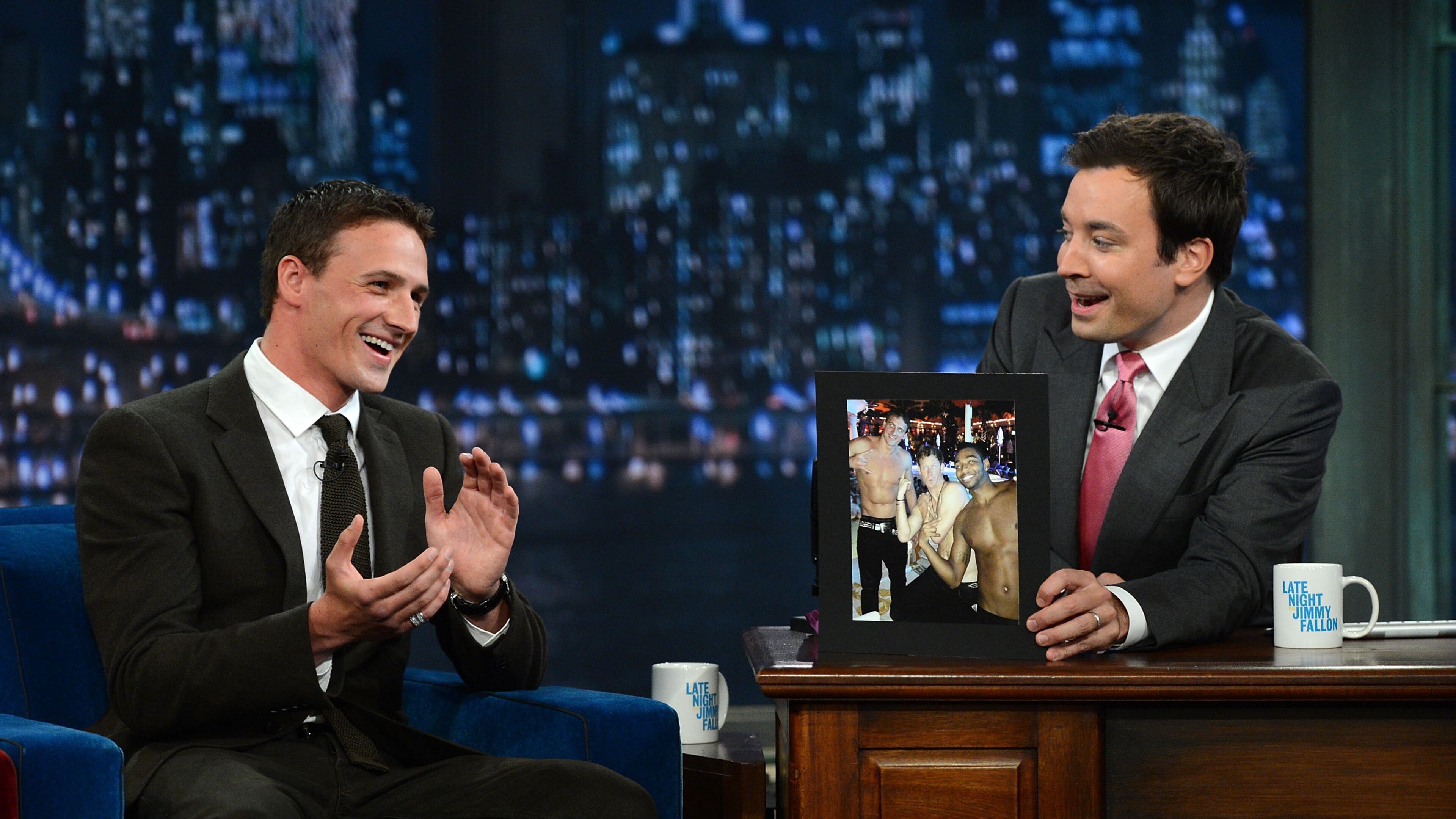 NEW YORK, NY - AUGUST 23: US Olympic Gold Medalist swimmer Ryan Lochte and host Jimmy Fallon visit 'Late Night With Jimmy Fallon' at Rockefeller Center on August 23, 2012 in New York City. (Photo by Jason Kempin/Getty Images)
