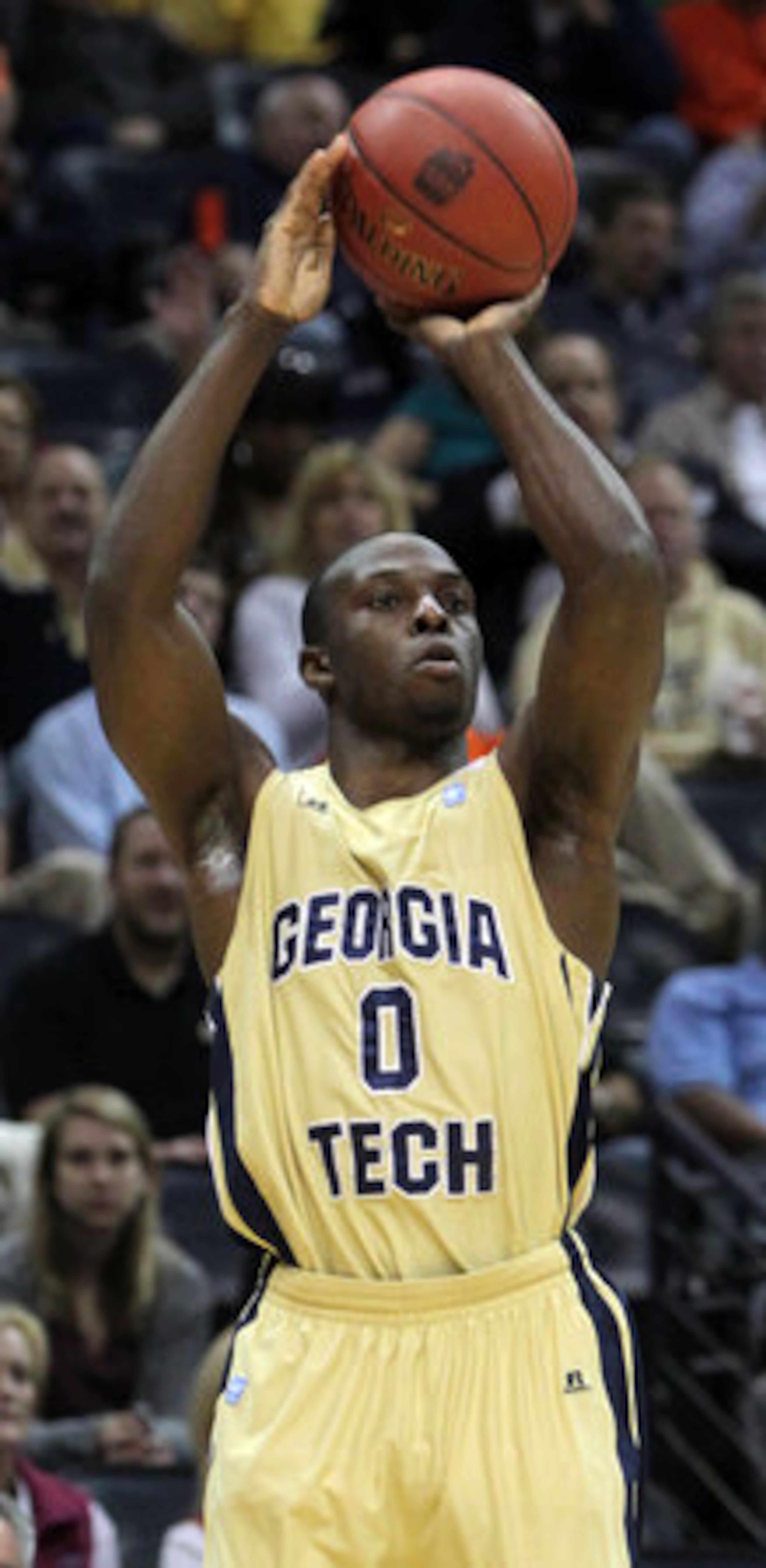Georgia Tech Mfon Udofia hits a 3-pointer against Miami in the ACC Tournament, Philips Arena, Thursday, March 8, 2012.