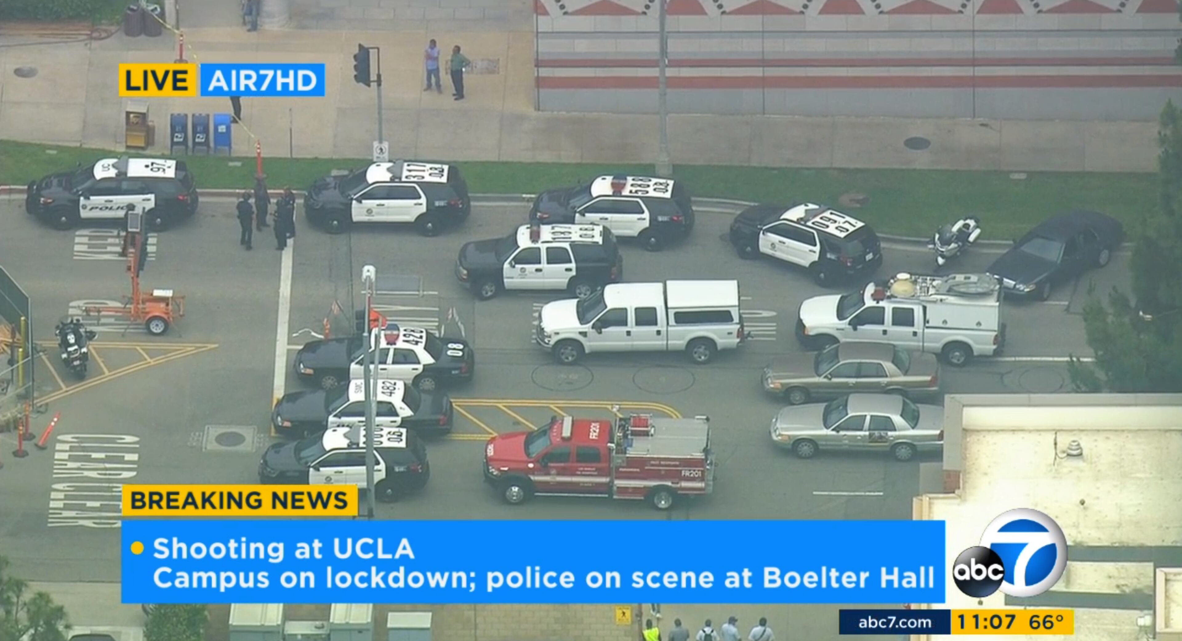 In this image made from video, police respond to a fatal shooting at the University of California, Los Angeles, Wednesday, June 1, 2016, in Los Angeles. (KABC-7 via AP)