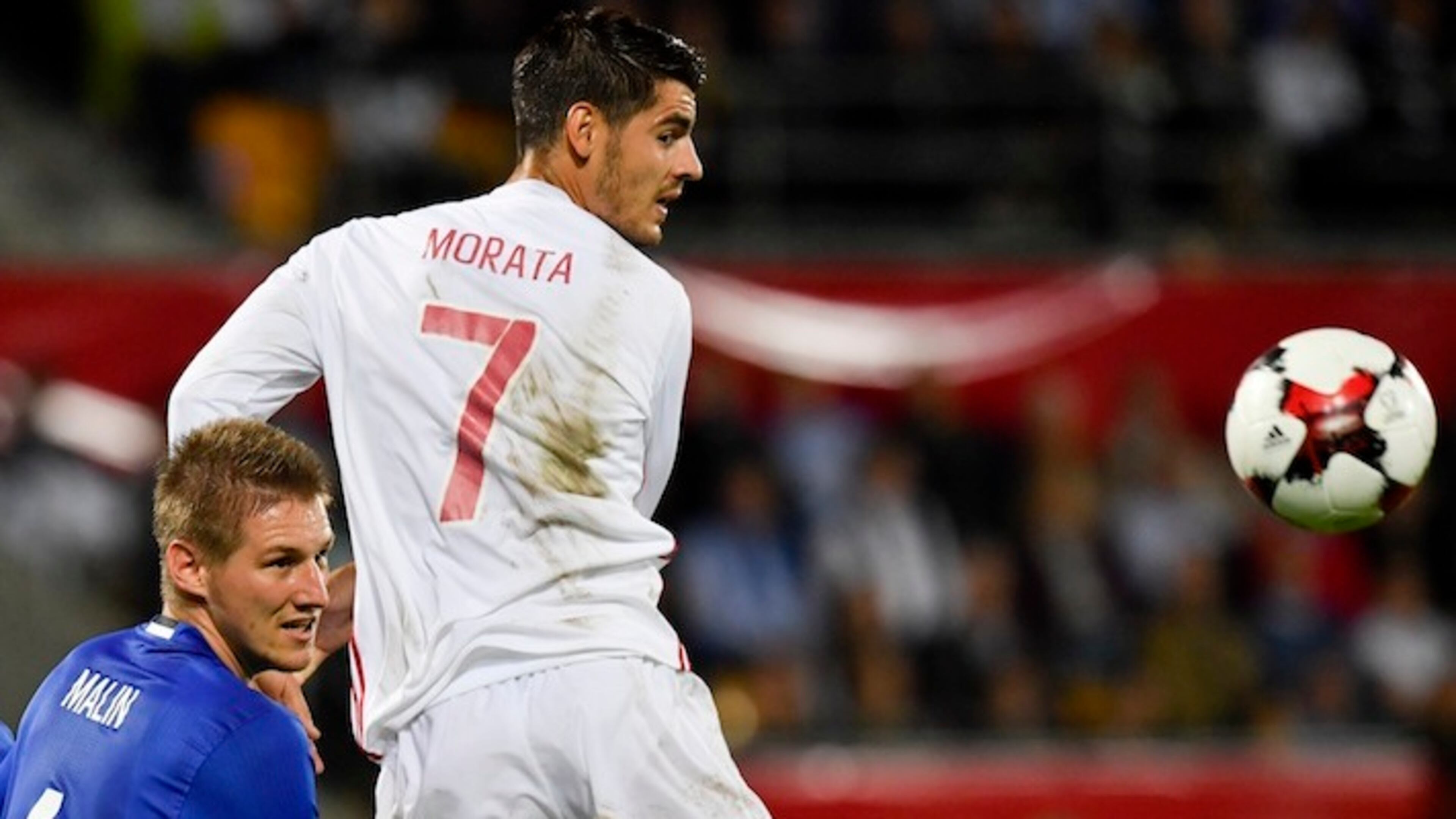 Liechtenstein's Martin Rechsteiner, left, fights for the ball with Spain's Alvaro Morata, during the 2018 Fifa World Cup Russia group G qualification soccer match between Liechtenstein and Spain at the Rheinpark stadium in Vaduz, Liechtenstein, on Tuesday, September 05, 2017. (KEYSTONE/Gian Ehrenzeller)
