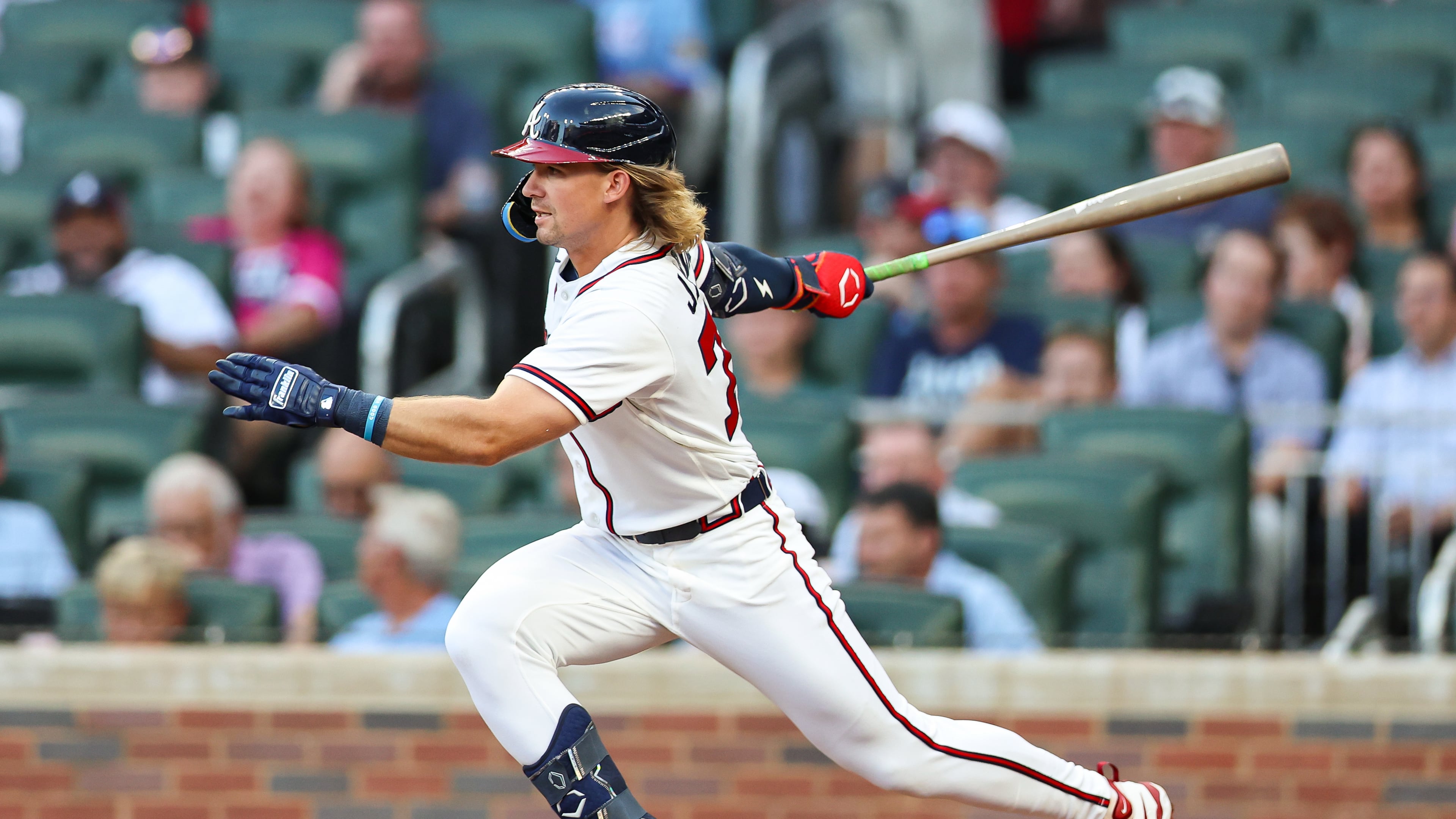 Atlanta Braves' Jim Jarvis hits a single in the second inning of a baseball game against the San Diego Padres, Wednesday, July 22, 2026, in Atlanta. (AP Photo/Colin Hubbard)
