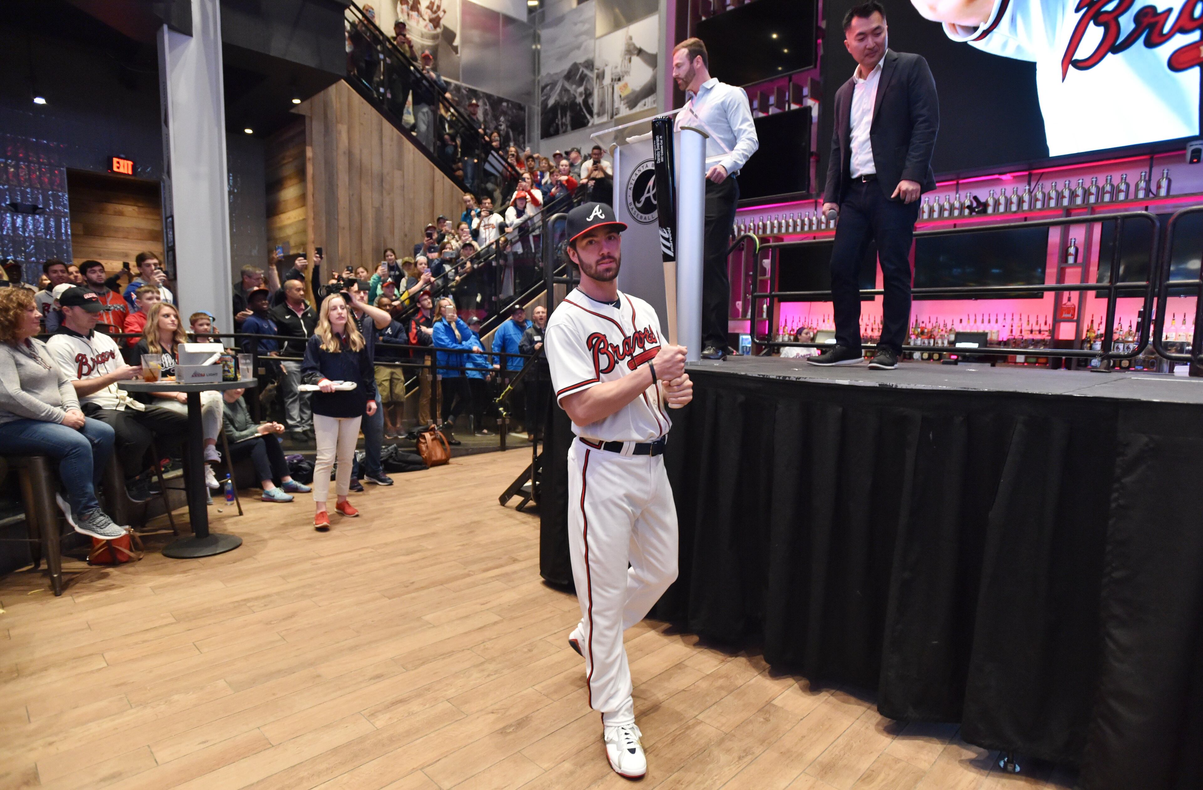 January 19, 2019 Atlanta - Atlanta Braves shortstop Dansby Swanson, wearing Home White Uniform which will remain the same, poses during 2019 Uniform Showcase event at LIVE! at The Battery Atlanta as a part of Atlanta Braves 2019 Chop Fest events on Saturday, January 19, 2019. The Bravesâ annual Chop Fest fan event was hold Saturday at SunTrust Park and The Battery Atlanta. Activities include baseball clinics, autograph sessions, photo opportunities with players, interactive attractions, live entertainment and Q&A sessions. HYOSUB SHIN / HSHIN@AJC.COM
