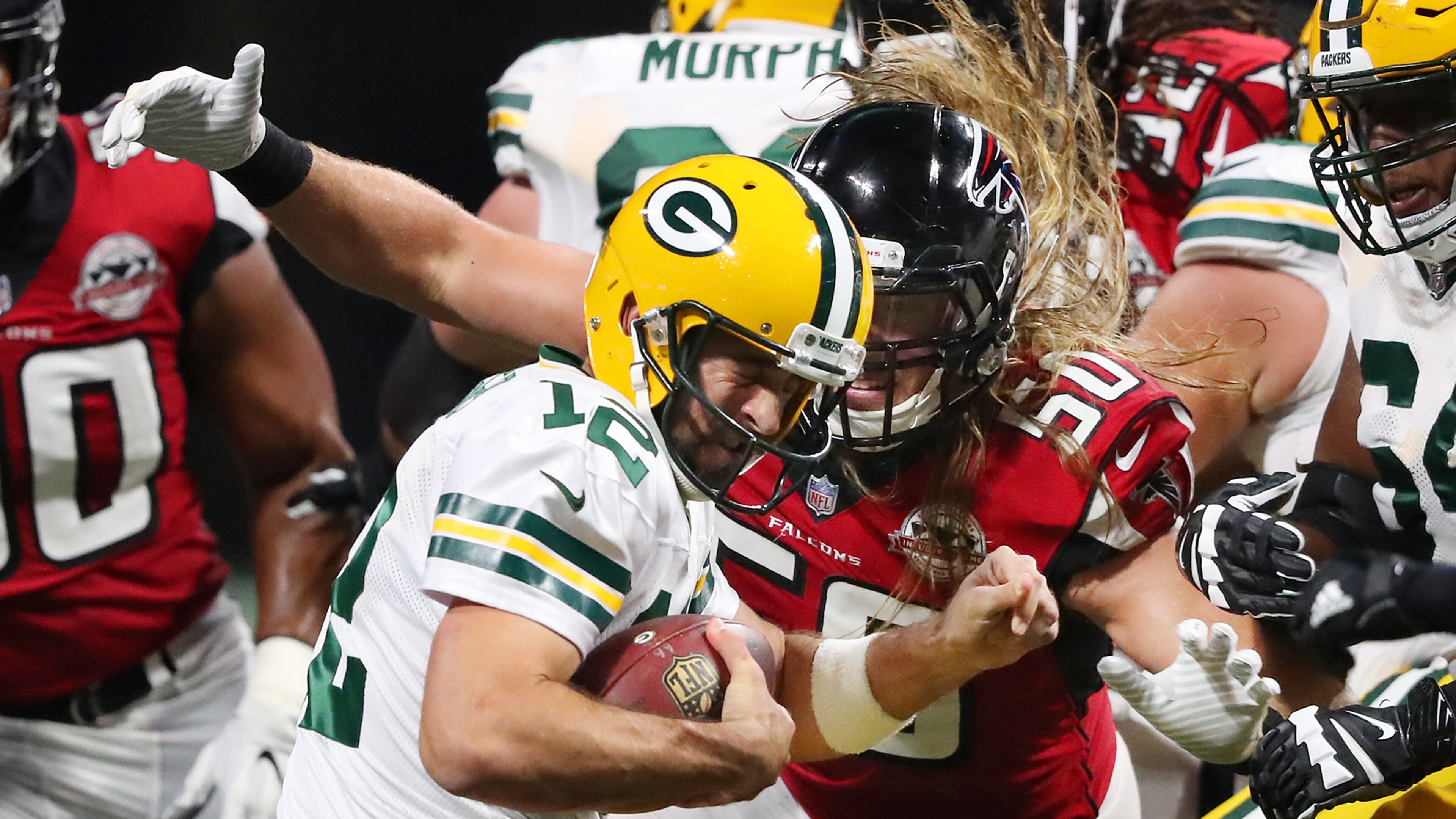 September 17, 2017 Atlanta: Falcons defensive end Brooks Reed sacks Packers quarterback Aaron Rodgers during the second quarter in a NFL football game on Sunday, September 17, 2017, in Atlanta. (Curtis Compton/ccompton@ajc.com)