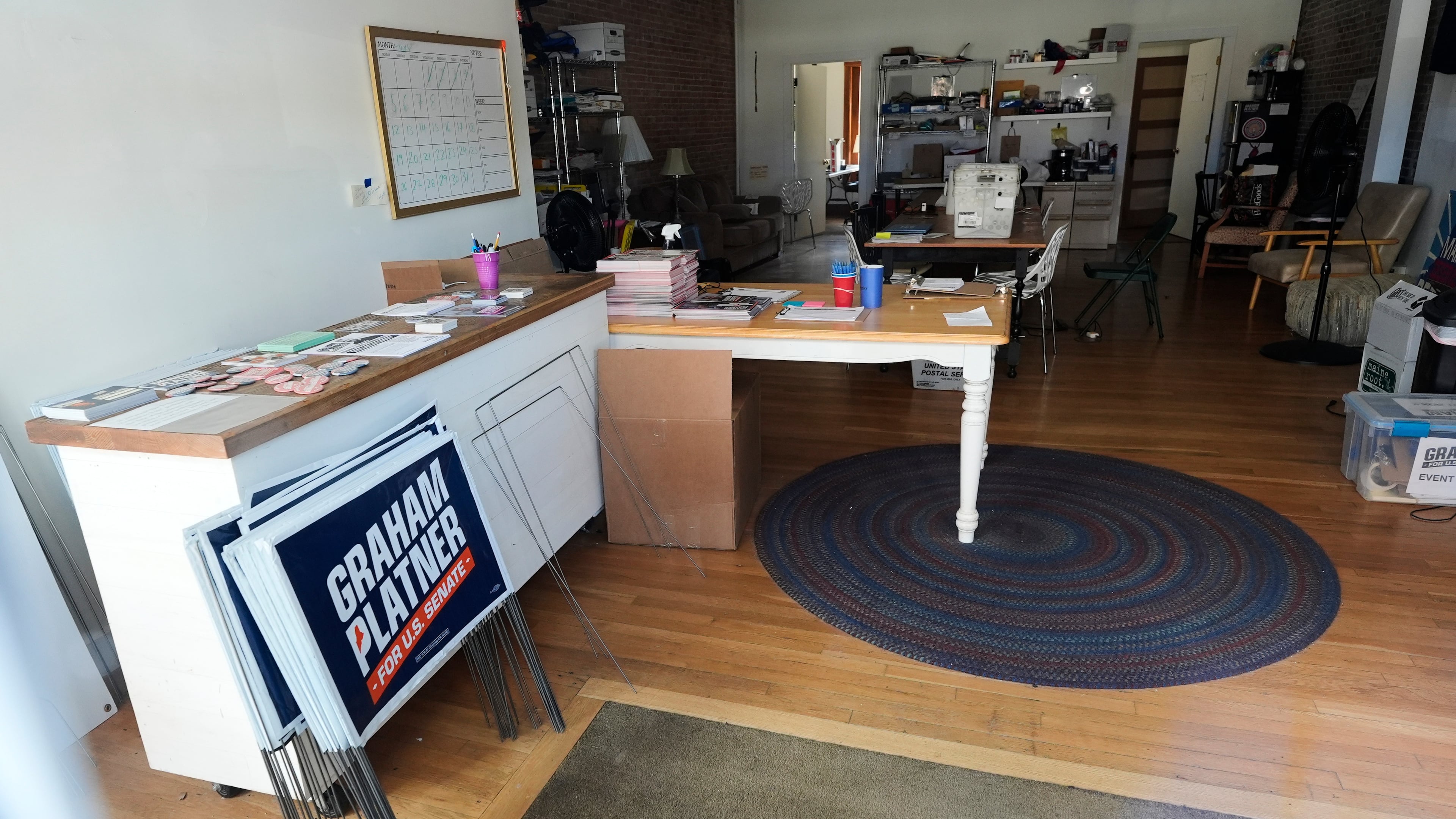 The headquarters for former Democratic candidate for U.S. Senate Graham Platner is quiet Thursday, July 9, 2026, in Ellsworth, Maine. (AP Photo/Robert F. Bukaty)