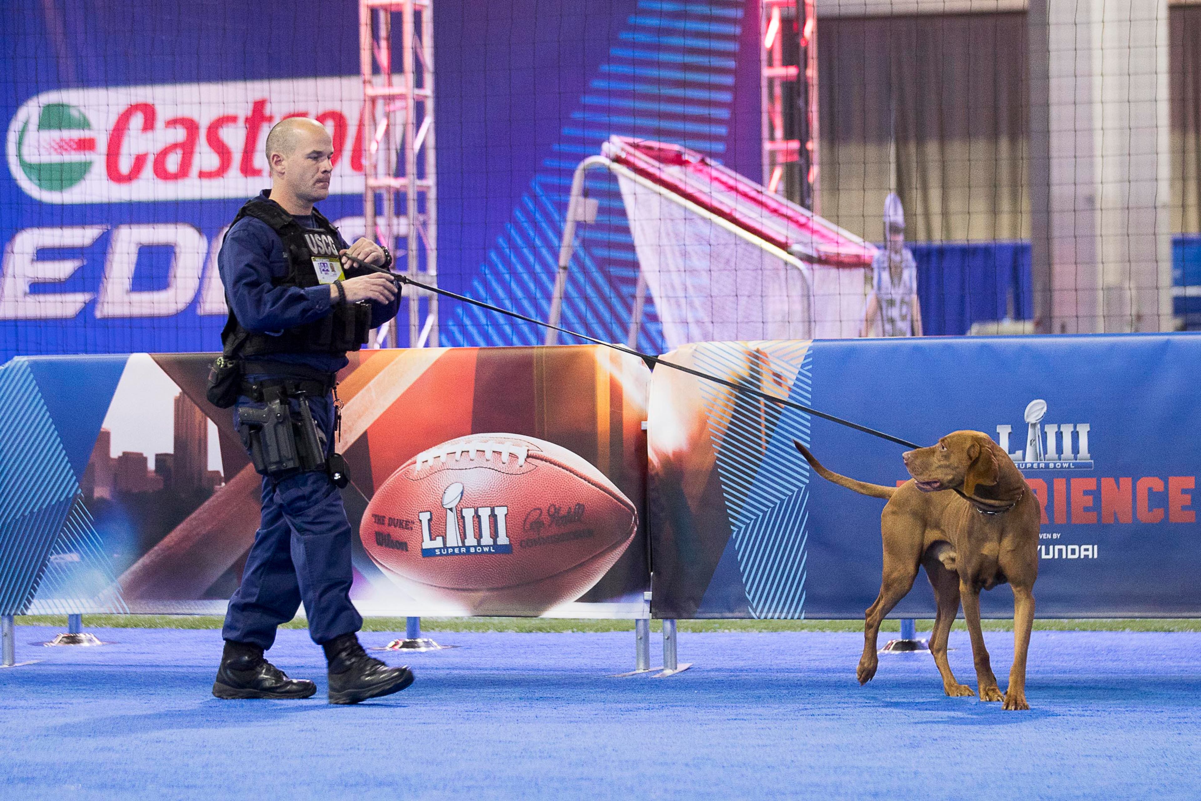 01/28/2019 -- Atlanta, Georgia -- A United States Coast Guard k-9 officer canvass the Super Bowl LIII Fan experience concourse prior to opening at the Georgia World Congress Center in Atlanta, Monday, January 28, 2019. (ALYSSA POINTER/ALYSSA.POINTER@AJC.COM)