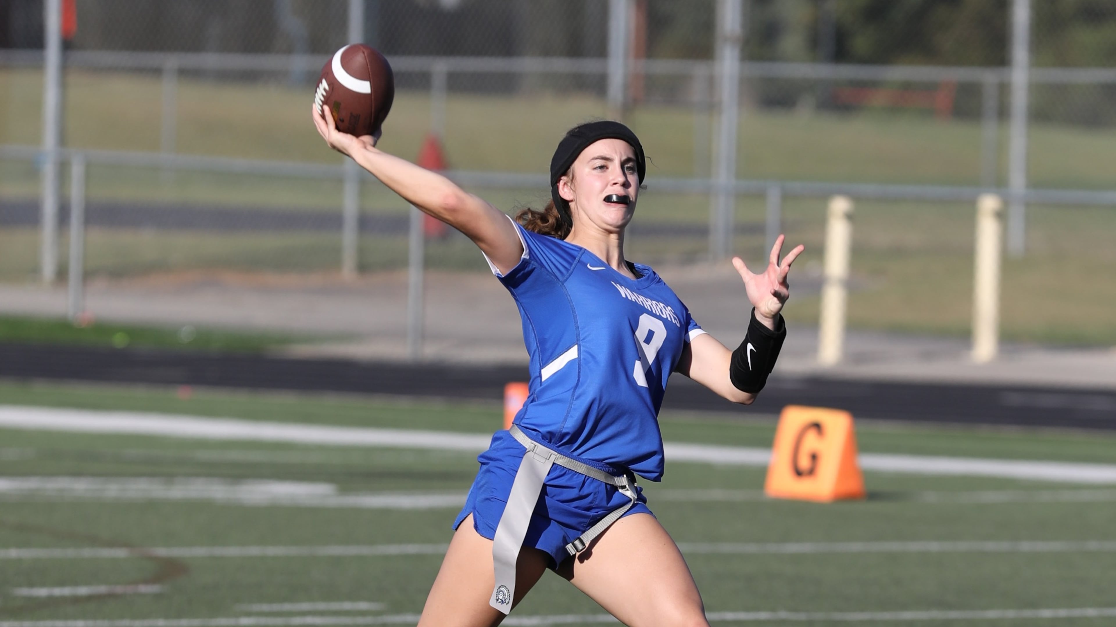 Oconee County flag football quarterback Corinne Haegi has passed for 541 yards and eight touchdowns for a 9-3 team that is ranked No. 23 in all classifications by MaxPreps.