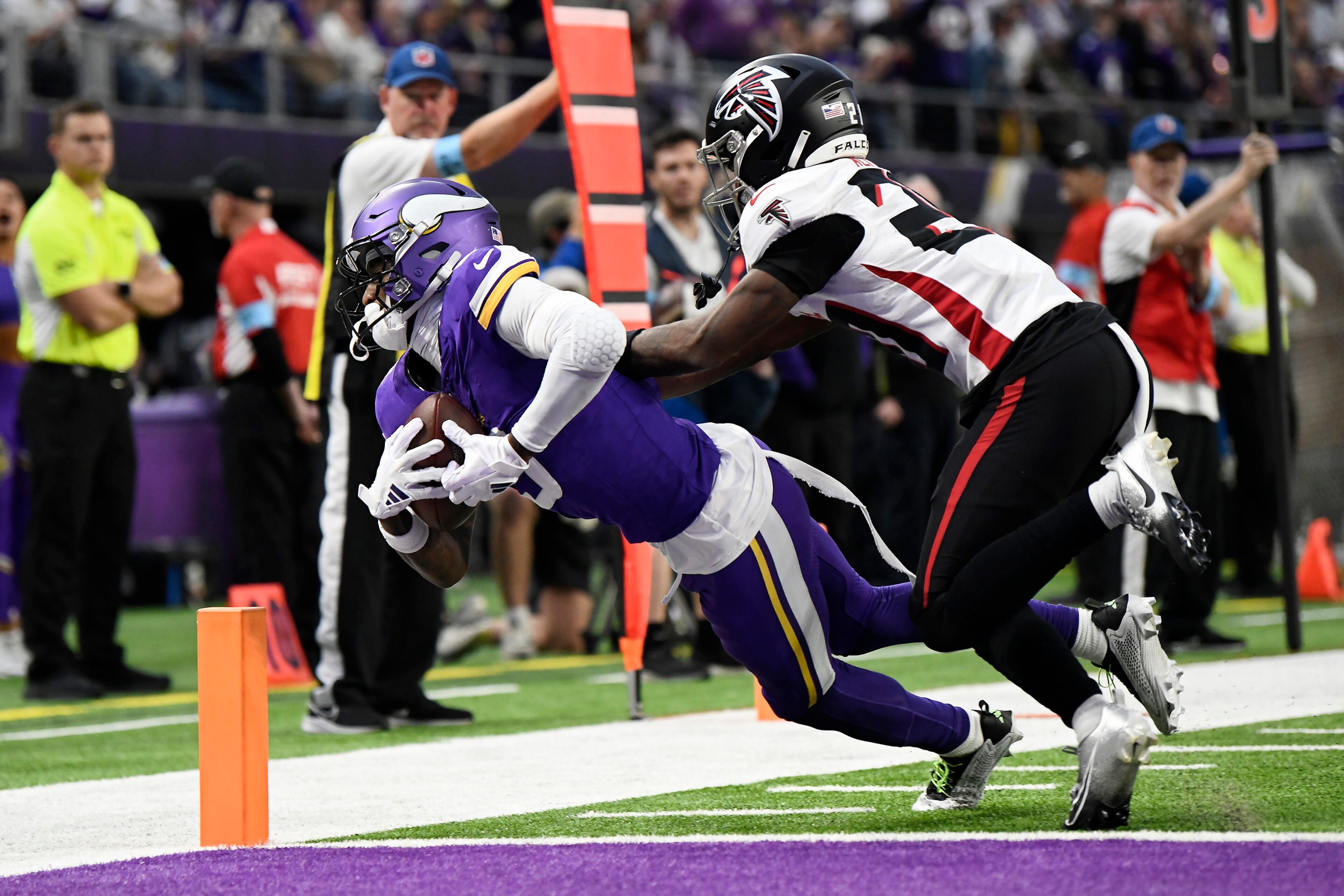 Vikings receiver Jordan Addison scores against the Falcons in 2024.