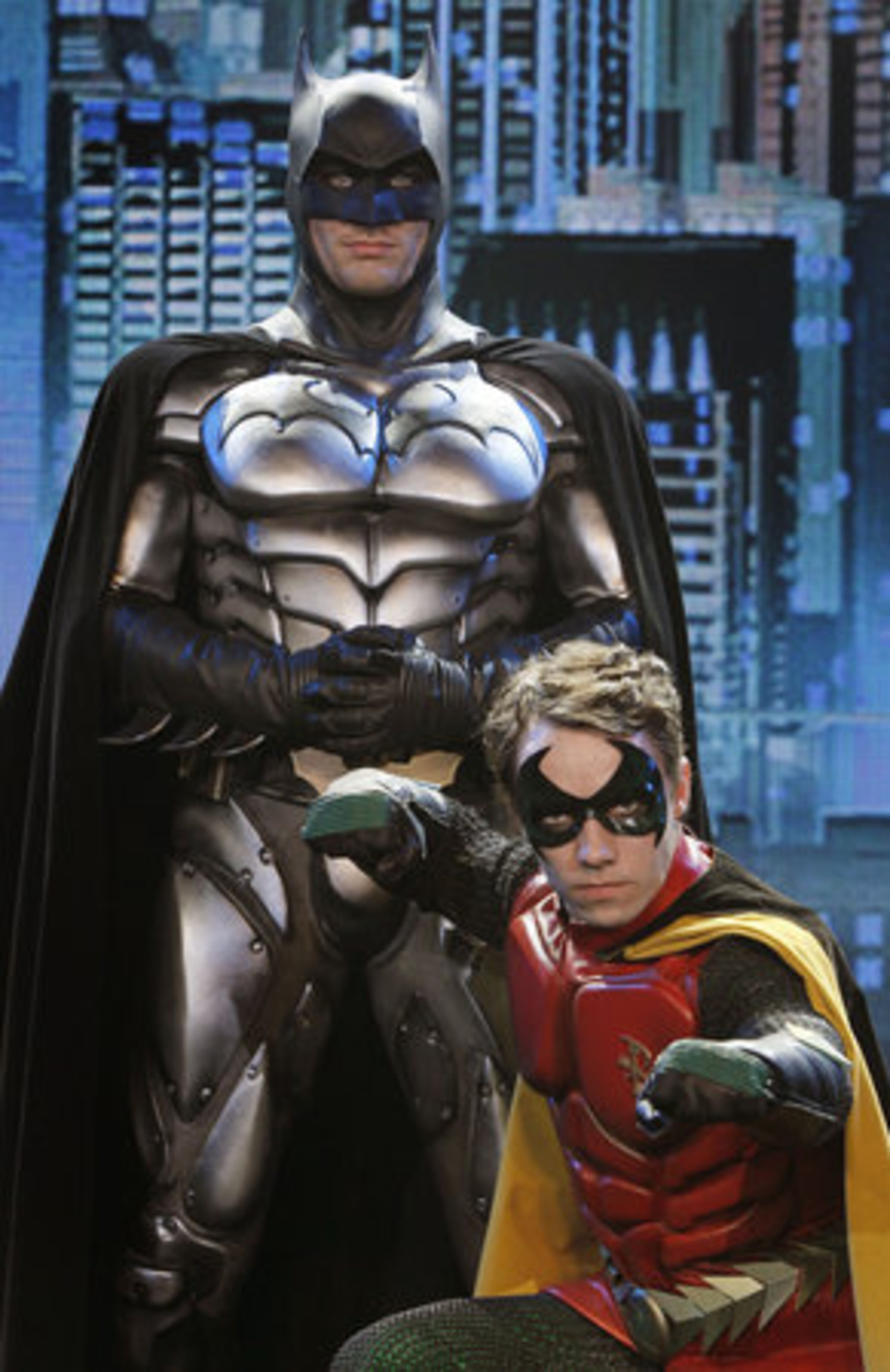 HOLY STAGE FRIGHT BATMAN! Nick Court, who plays Batman, rear, and Michael Pickering who plays Robin perform on stage to launch the Batman Live Tour in central London, Tuesday 12 April 2010, which tours arenas across the UK and Europe beginning in Summer 2011, and arrives in North America in August 2012. Combining acrobatics, stunt work and illusions, the adventures of Batman and Robin are brought to life on stage for the first time in the characters history.