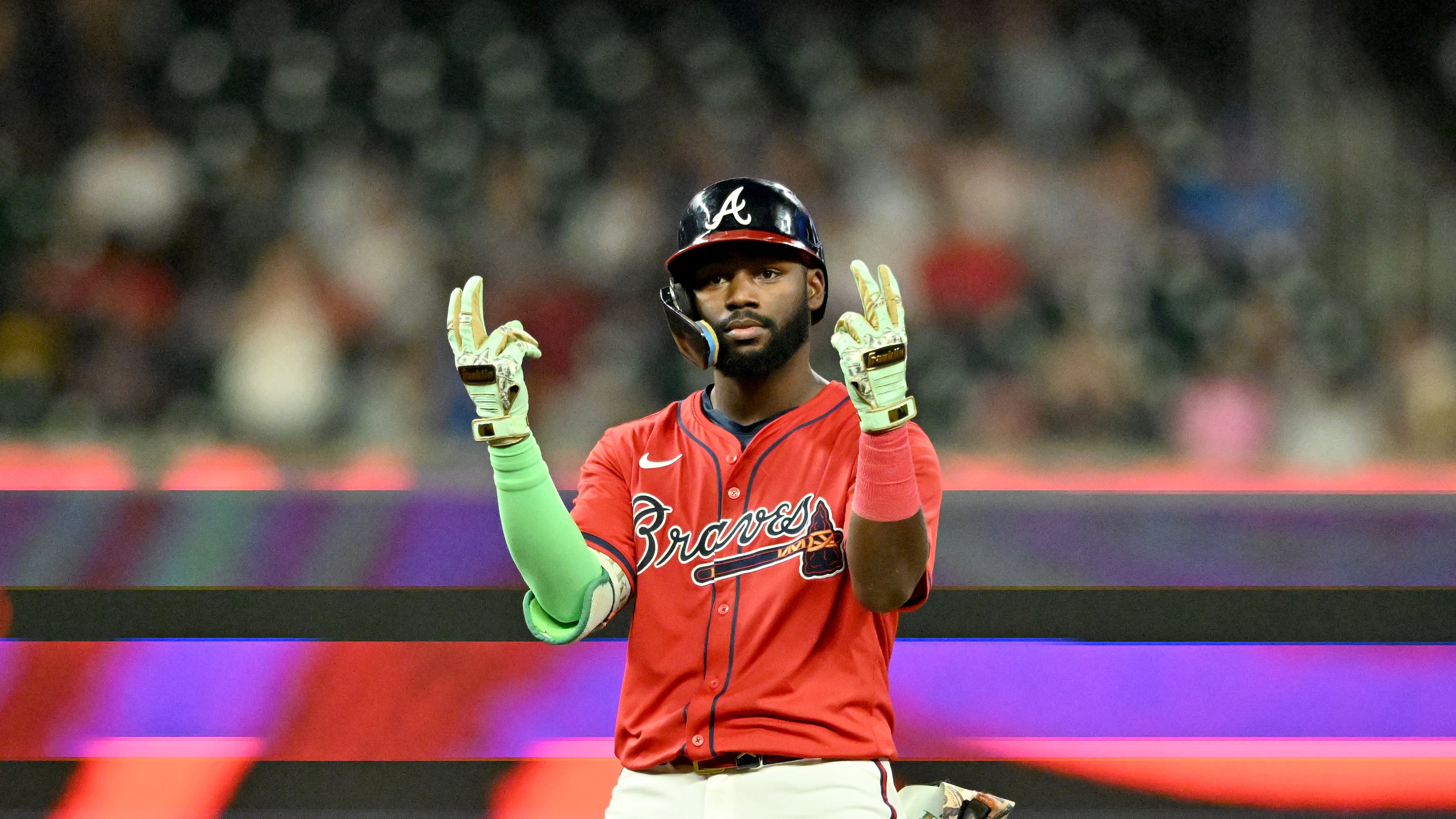 Braves outfielder Michael Harris II celebrates after hitting a double in the eighth inning on Friday, Sept. 26, 2025, in Atlanta. They lost 9-3 to the Pirates in the opener to their final series at Truist Park. (Hyosub Shin/AJC)