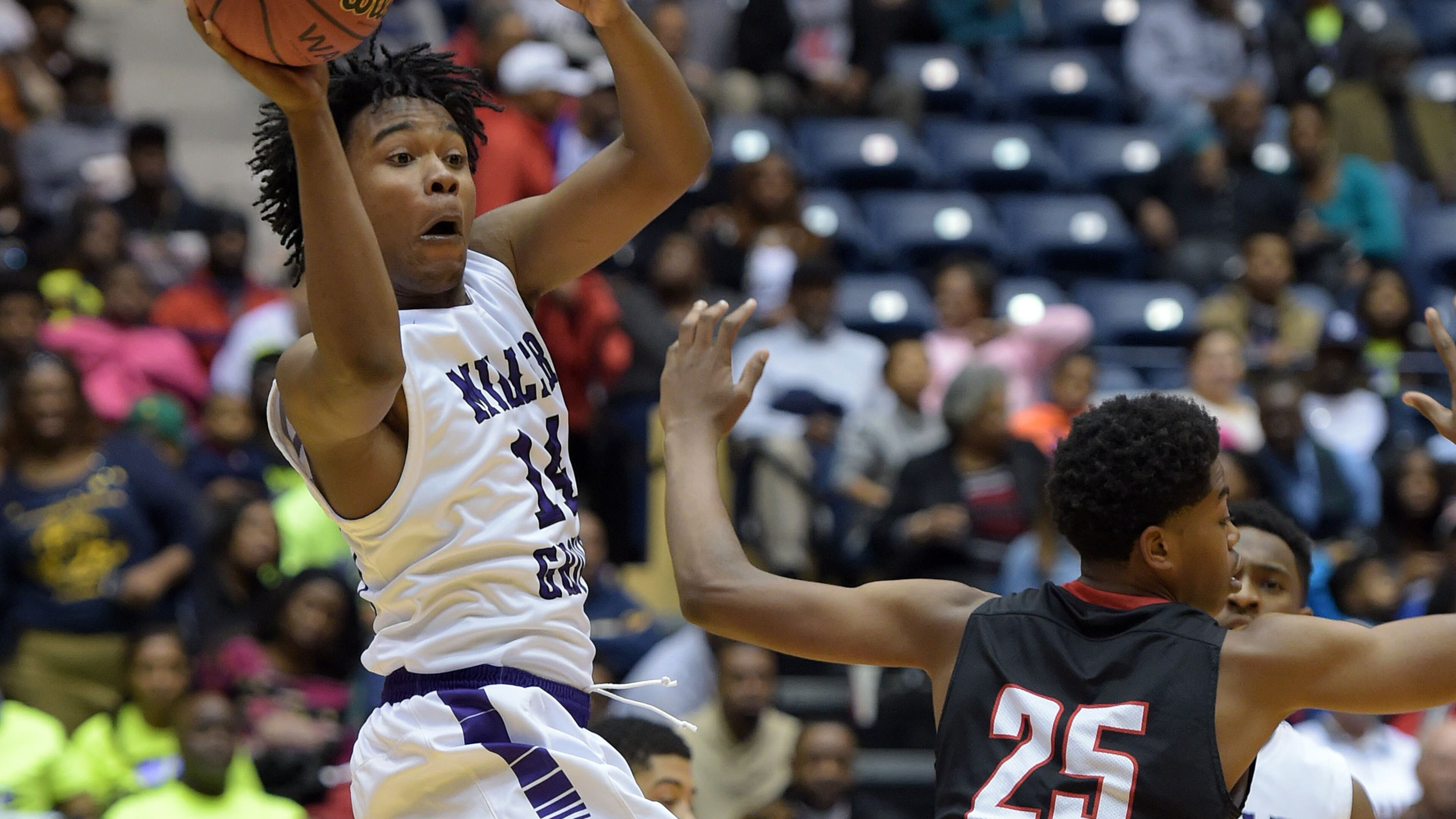 Miller Grove Wolverines play the Allatoona Buccaneers in the Class AAAAA boys championship at the Macon Coliseum Friday, March 4, 2016. The Wolverines beat the Buccaneers 50-48, for their 7th title in 8 years. KENT D. JOHNSON/ kdjohnson@ajc.com