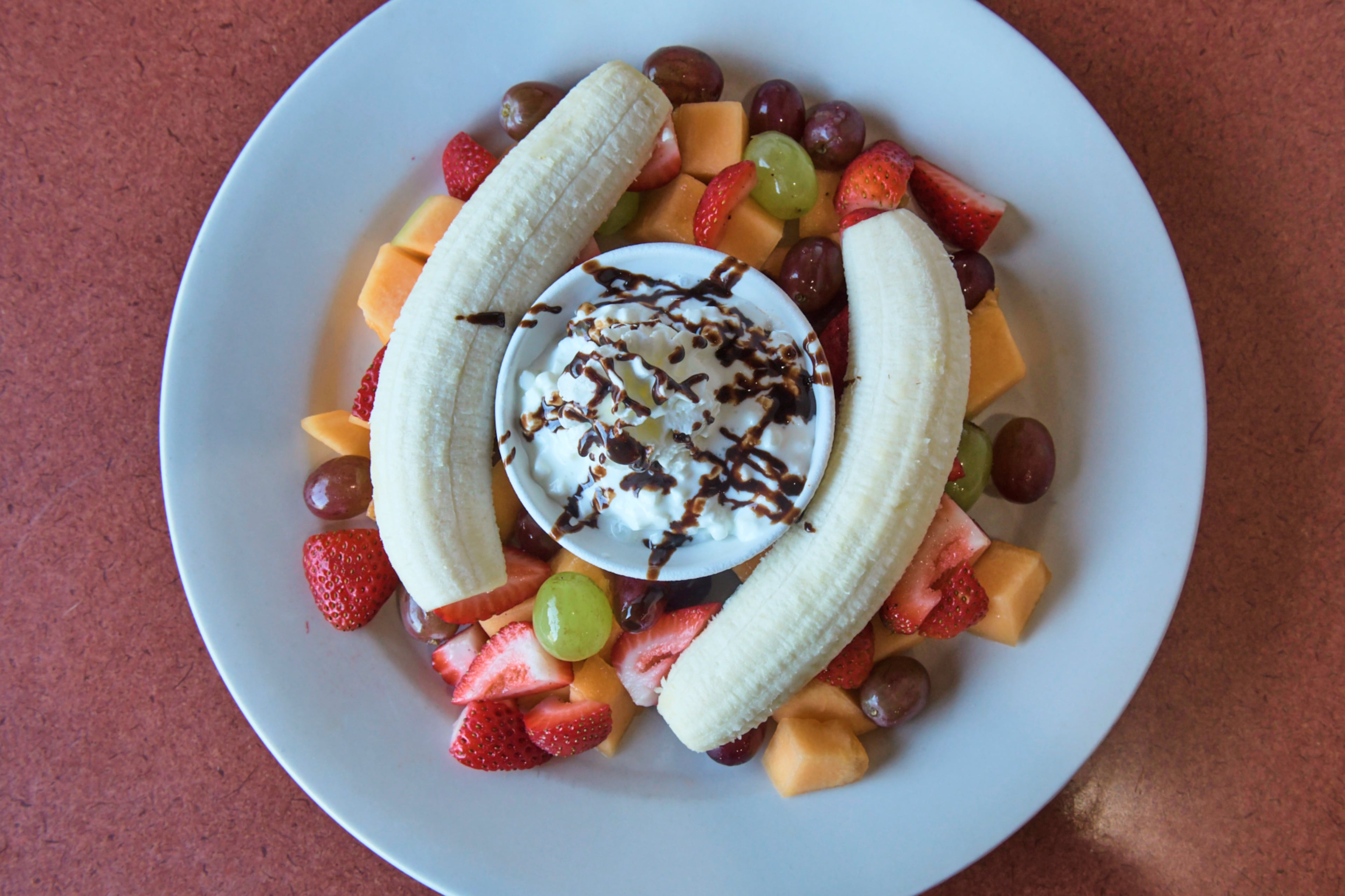 Duluth Diner offers a banana boat dish with fresh fruit salad and cottage cheese topped by fresh strawberries.