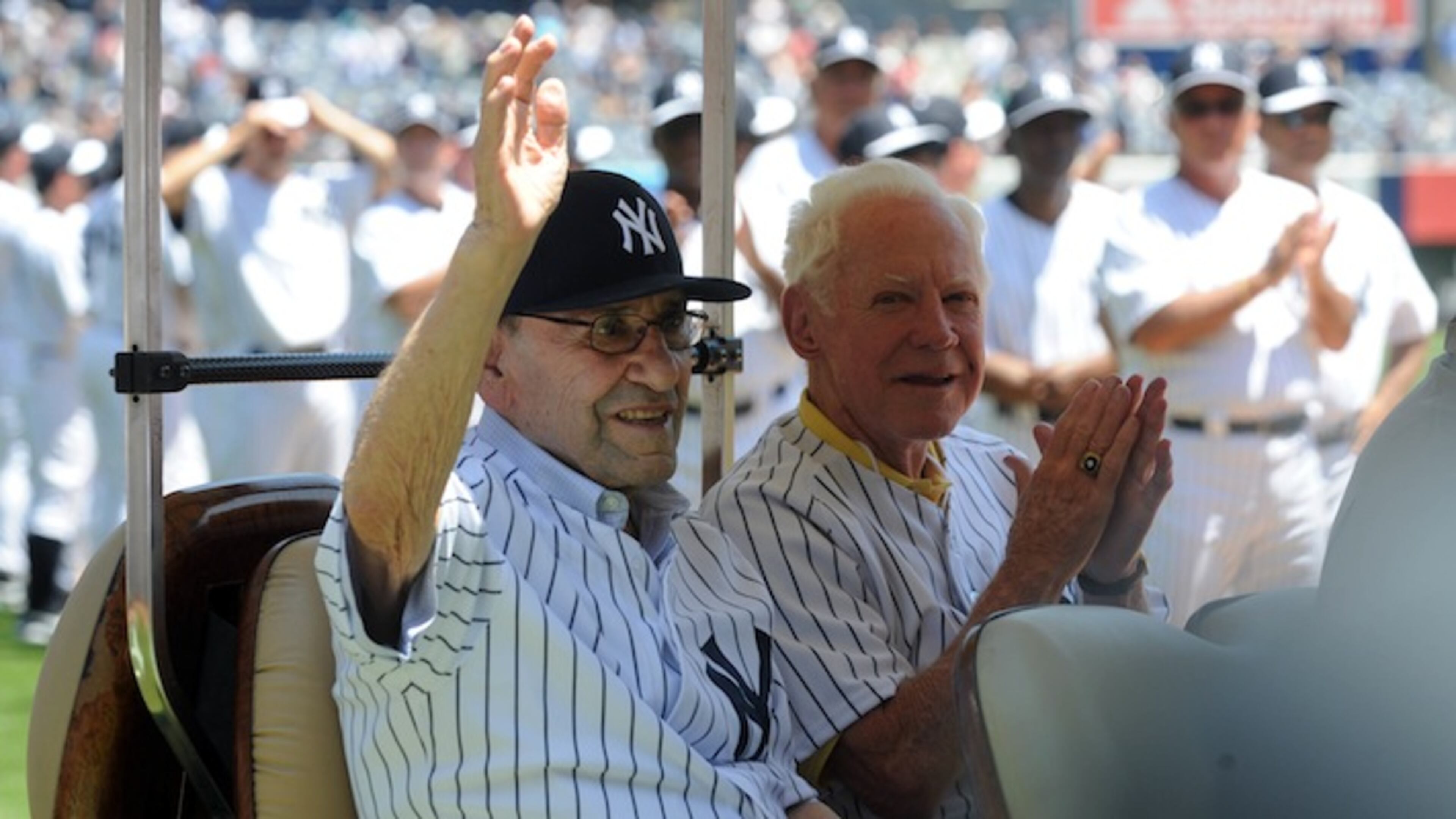 FILE — New York Yankees greats Yogi Berra, left, and Whitey Ford attend an old-timers’ game at Yankee Stadium in New York, June 23, 2013. With the passing of Yogi Berra, the mantle of Greatest Living Yankee passes to Ford, a Queens native who helped the team to six World Series titles in his sixteen seasons in pinstripes. (Barton Silverman/The New York Times)