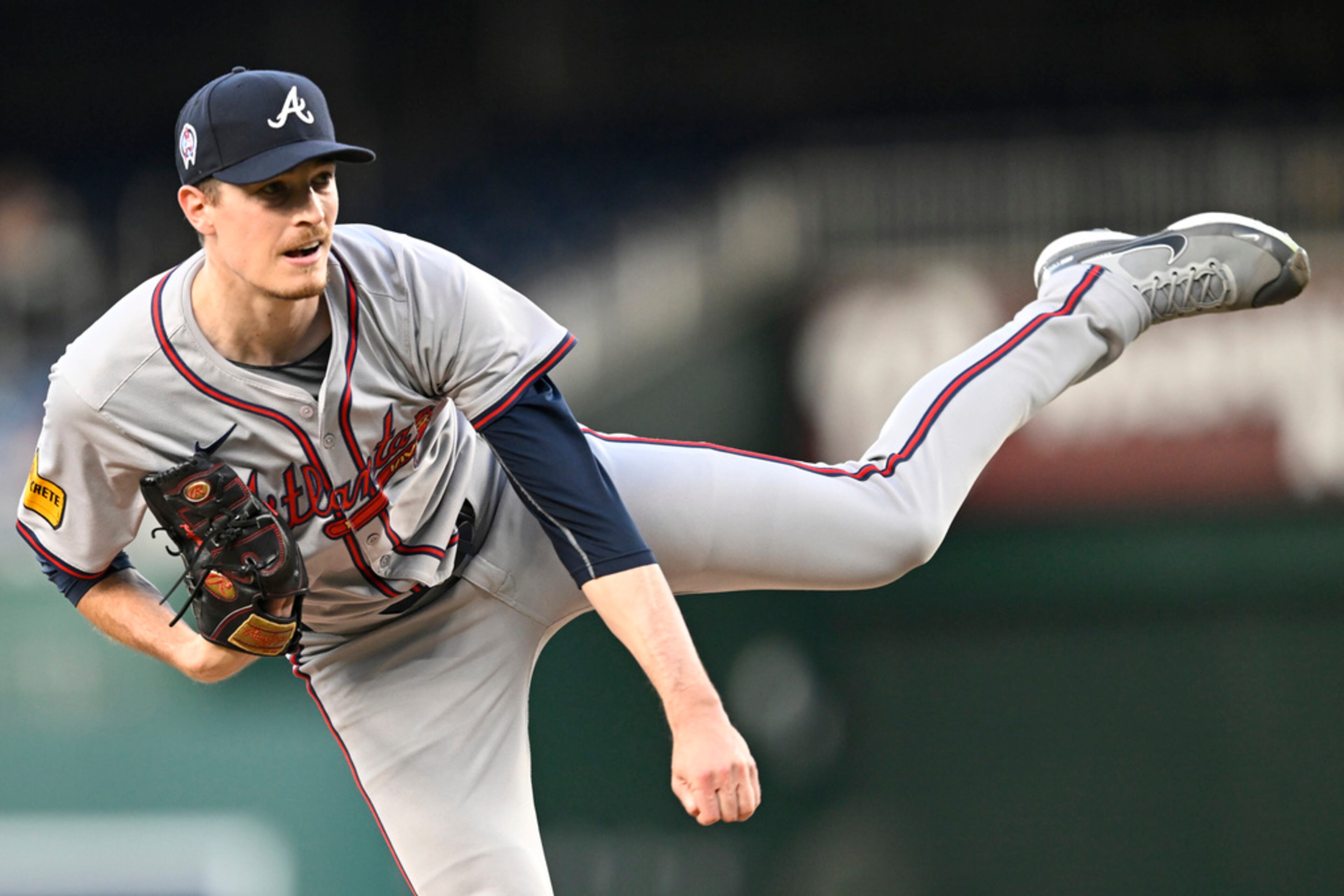 Atlanta Braves starting pitcher Max Fried follows through during the first inning of a baseball game against the Washington Nationals, Wednesday, Sept. 11, 2024, in Washington. (AP Photo/John McDonnell)