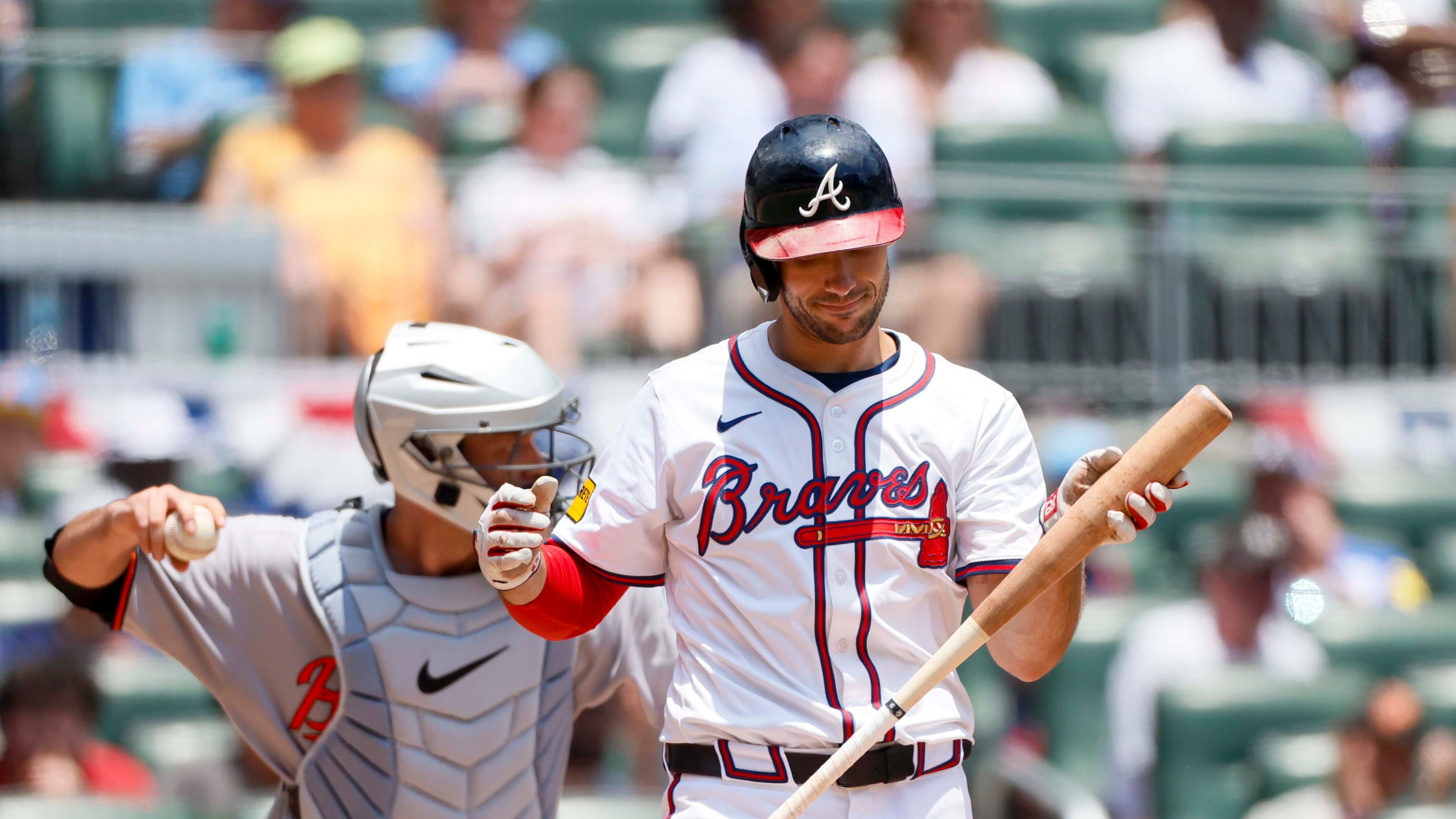 Being an All-Star didn't prevent Braves first base Matt Olson from striking out during the eighth inning against the Orioles on Sunday. (Miguel Martinez/AJC)