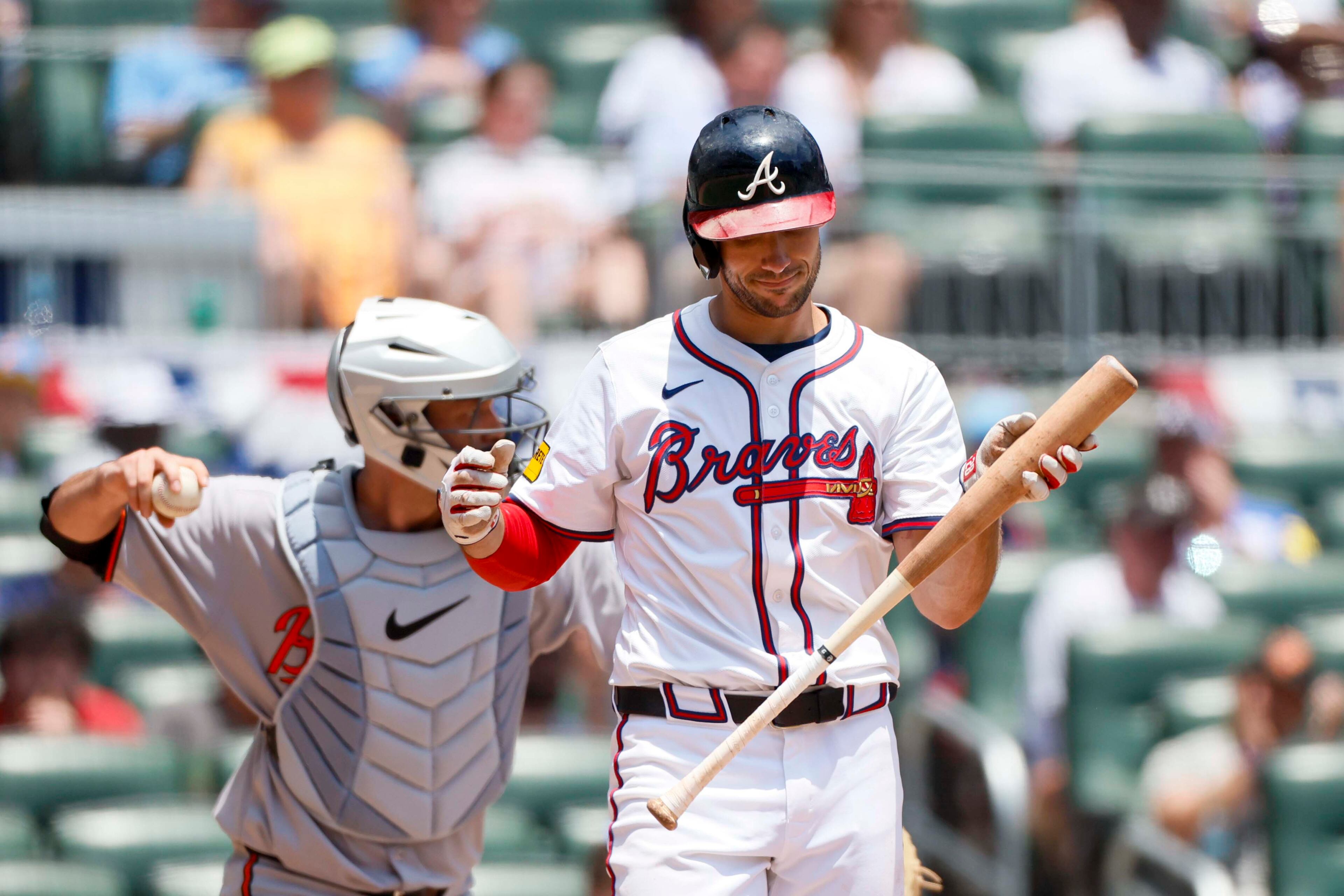 Atlanta Braves first base Matt Olson (28) recats after striking out during the eighth inning against the Baltimore Orioles at Truist Park on Sunday, July 6, 2025, in Atlanta.
(Miguel Martinez/ AJC)