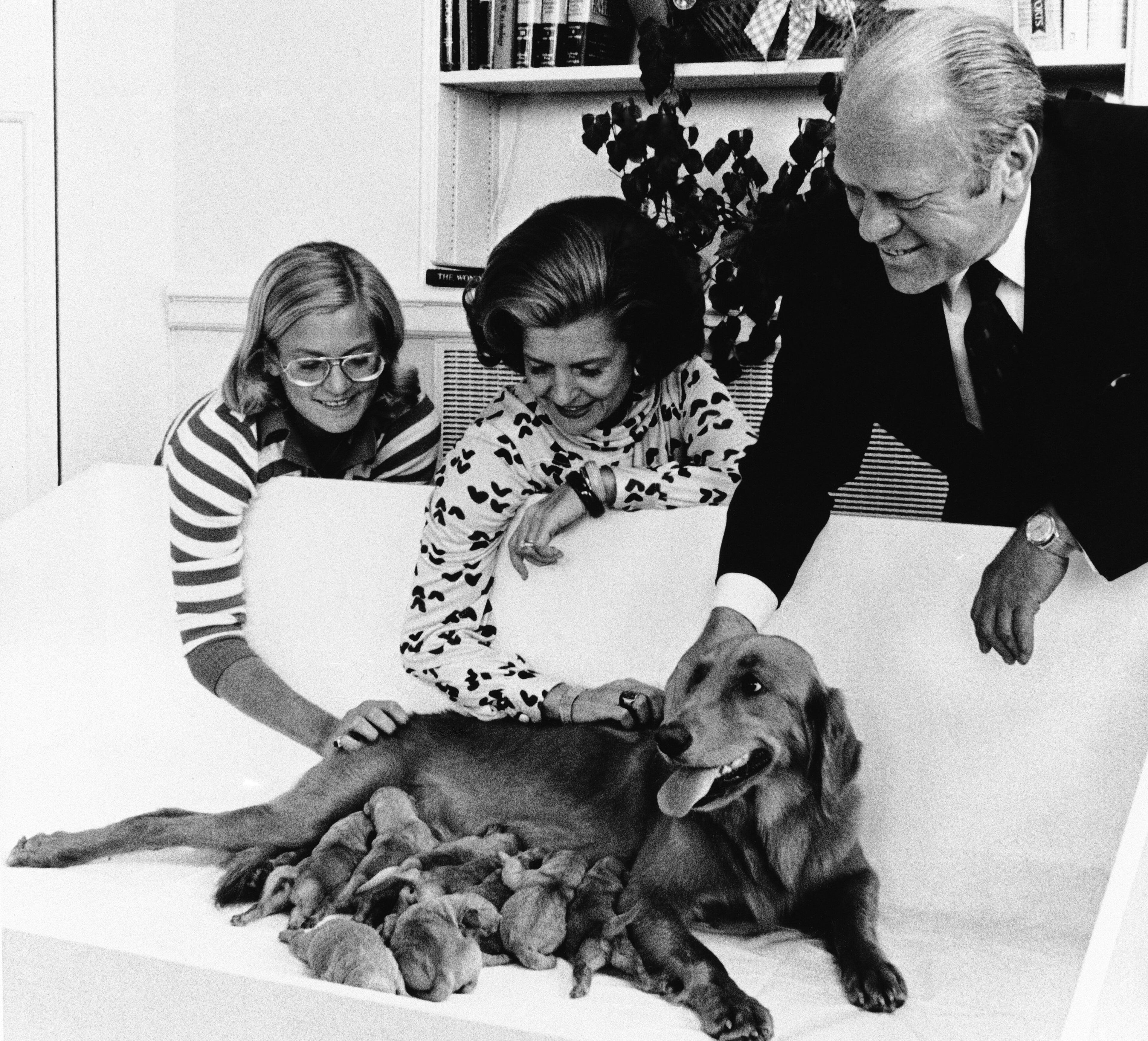 President and Mrs. Ford along with daughter Susan admire their golden retriever Liberty and her litter of puppies on Sept. 17, 1975, in Washington at the White House.