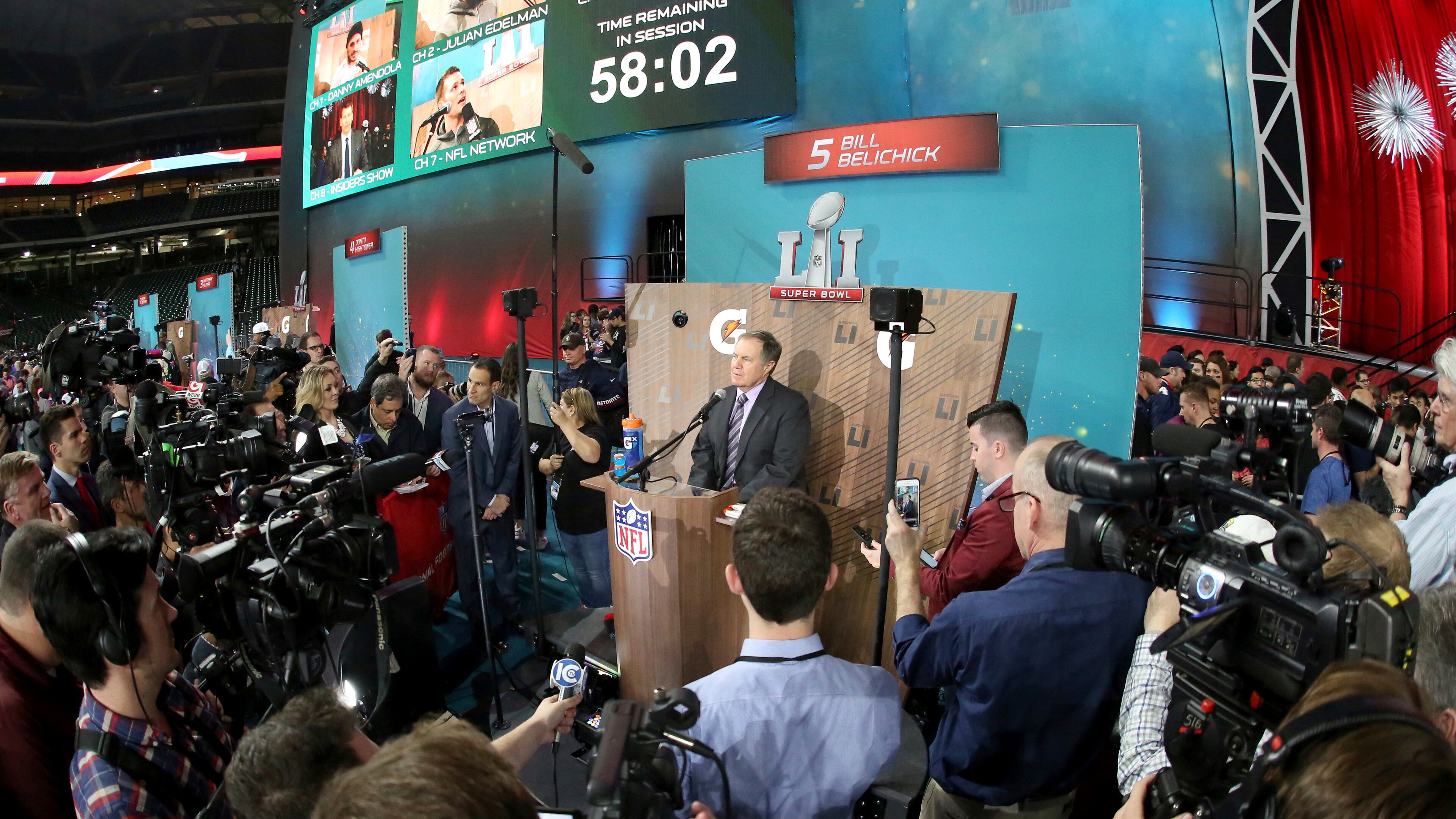 New England Patriots head coach Bill Belichick is seen at Super Bowl Opening Night at Minute Maid Park on Monday, January 30, 2017 in Houston, TX. (AP Photo/Gregory Payan)