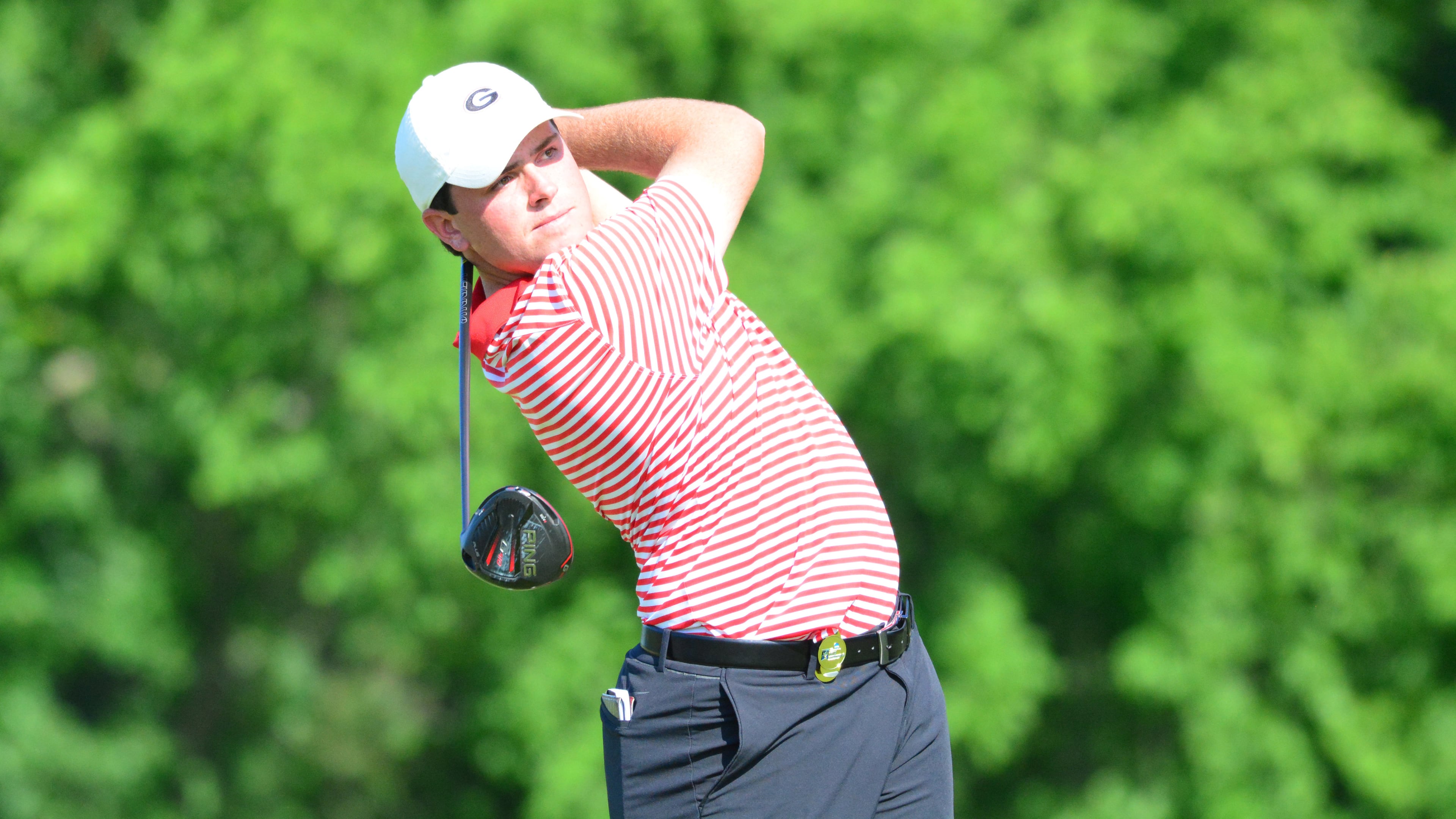 Georgia's Spencer Ralston tees off on way to 74 in Friday's first round of the NCAA Championships at Blessings Golf Club in Fayetteville, Ark. (Photo by Steven Colquitt/UGA)