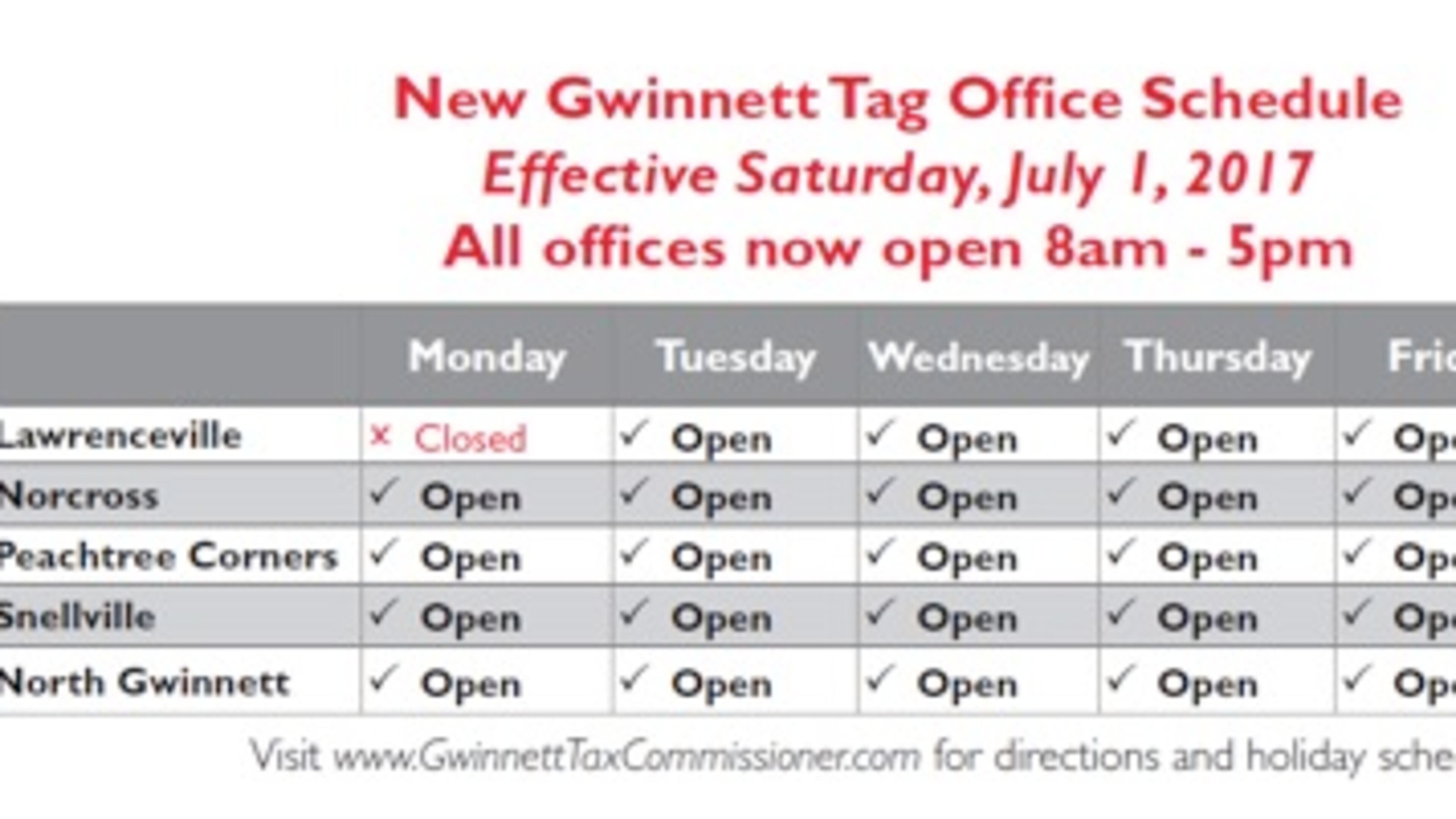 Gwinnett Tax Commissioner announces new tag office hours. Courtesy Gwinnett County Tax Commissioner