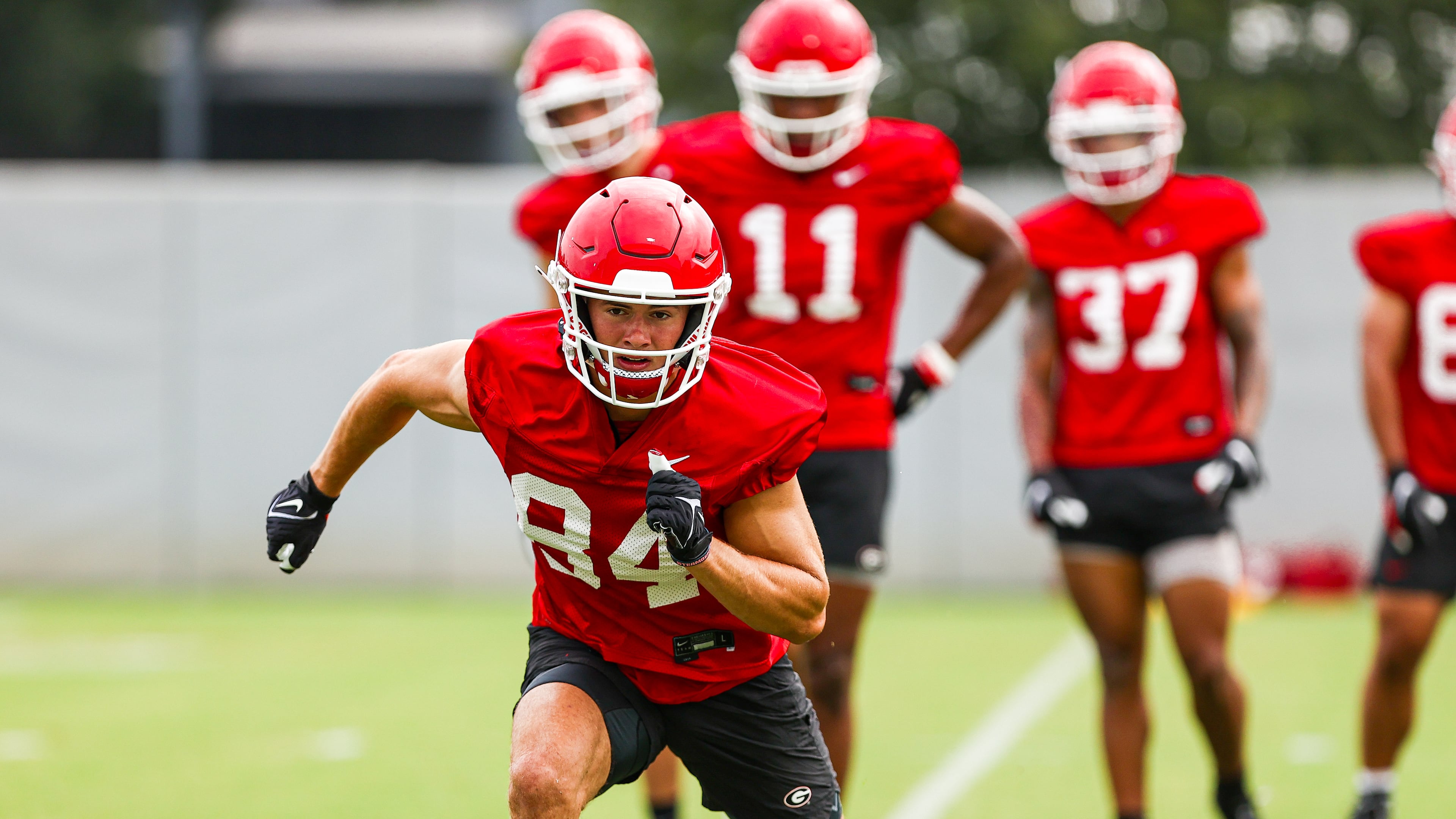 Receiver Ladd McConkey sprints during Georgia’s practice session in Athens on Thursday. (Tony Walsh/UGAAA)